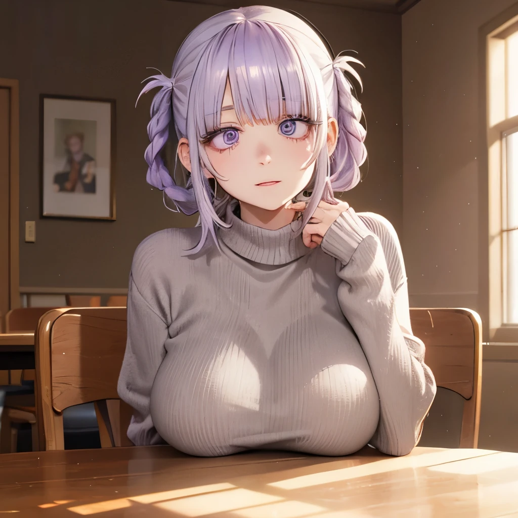 The best images, portrait, cute woman, Happy, shy, Ash gray shiny braided bangs rainbow colored short hair, big lilac eyes, huge breasts, great proportion, Brown fluffy sweater, sitting, breasts are on the table, background, room, Chair, table, professional lighting, anime, manga, figure