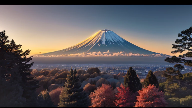 (obra maestra, Mejor calidad:1.2), ultra detallado, cinematic lighting, HDR, ilustracion, Landscape, amanecer, arboles de cerezo, monte fuji al fondo, entre las hojas, impresionante, Enfriar, inspiracional,