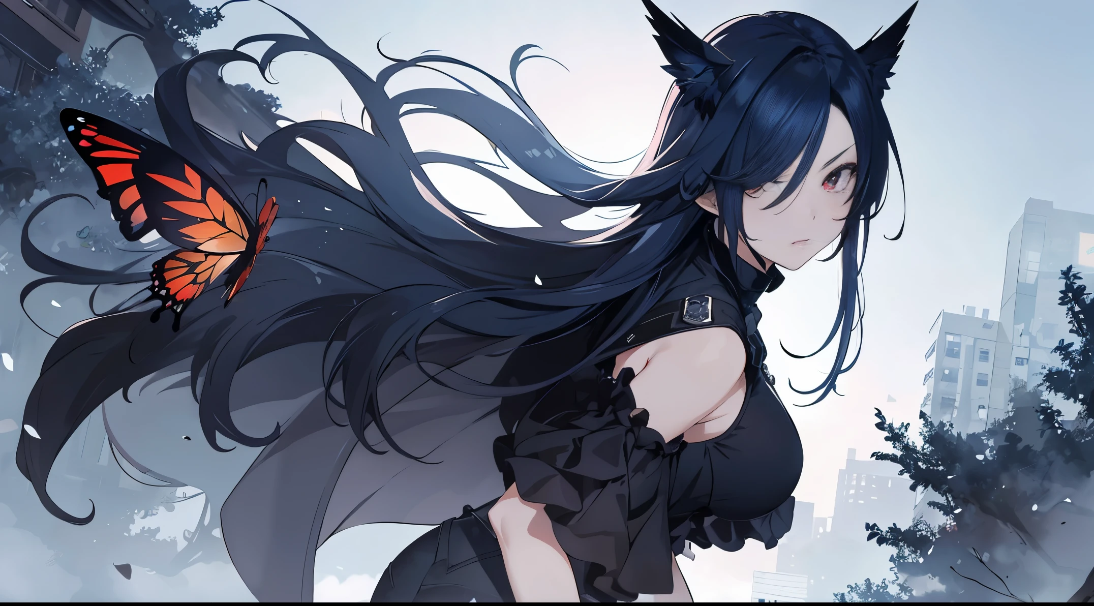 ((tmasterpiece:1.4, Best quality))+, (hyper-detailing)+, (exquisite red eye:1.5)+, (Detailed ears:1.5), (cute girls), (White undershirt,black long pants:1.5), Tight black silk, Very long hair, (Blue flowers:1.2), pale-skinned, (black cloth:1.5), (Black Martin boots:1.4), town in blood,Black dead trees around, The halo, dense fog,Mechanicalweapon, delicate legs, Red fluorescent butterfly,humongous large breast,(born warrior:1.1), (dawn light:1.2), ), (closeup cleavage:1.1), the only person, bell, dark-blue hair, hair covering one eye, V-shaped eyebrows, Gloom (have expressed), from back, from the above, Best quality, A high resolution, high detal, high high quality, 16k