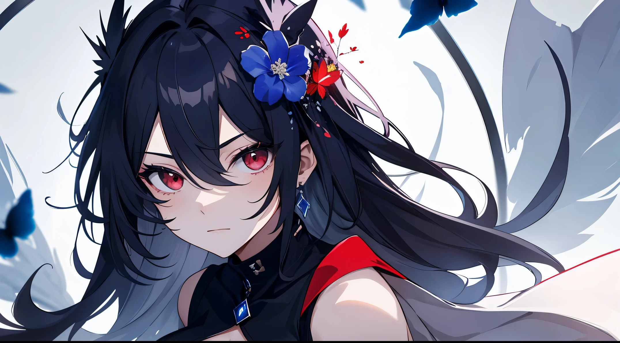 ((tmasterpiece:1.4, Best quality))+, (hyper-detailing)+, (exquisite red eye:1.5)+, (Detailed ears:1.5), (cute girls), (White undershirt,black long pants:1.5), Tight black silk, Very long hair, (Blue flowers:1.2), pale-skinned, (black cloth:1.5), (Black Martin boots:1.4), town in blood,Black dead trees around, The halo, dense fog,Mechanicalweapon, delicate legs, Red fluorescent butterfly,humongous large breast,(born warrior:1.1), (dawn light:1.2), ), (closeup cleavage:1.1), the only person, bell, dark-blue hair, hair covering one eye, V-shaped eyebrows, Gloom (have expressed), from back, from the above, Best quality, A high resolution, high detal, high high quality, 16k