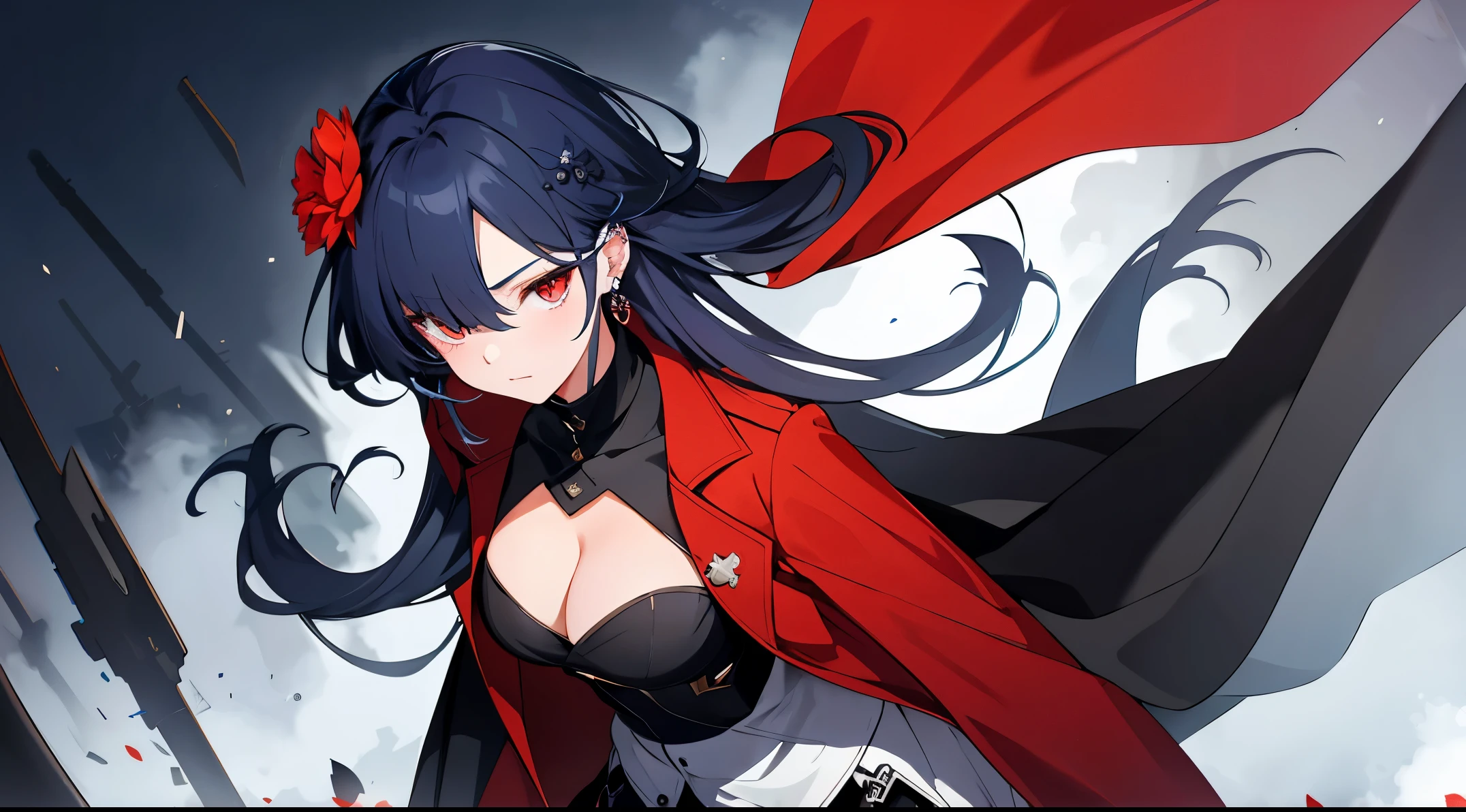 ((tmasterpiece:1.4, Best quality))+, (hyper-detailing)+, (exquisite red eye:1.5)+, (Detailed ears:1.5), (cute girls), (White undershirt,black long pants:1.5), Tight black silk, Very long hair, (red flower:1.2), pale-skinned, (red cloth:1.5), (Black Martin boots:1.4), town,There are dead trees around, ear nipple ring, dense fog,drifting snow, delicate legs, blue fluorescent butterfly,(warriors:1.1), (dawn light:1.2), ), (closeup cleavage:1.1), the only person, Hairbell, dark-blue hair, hair covering one eye, V-shaped eyebrows, Gloom (Expressing the), from back, from the above, Best quality, A high resolution, high detal, high high quality, 16k