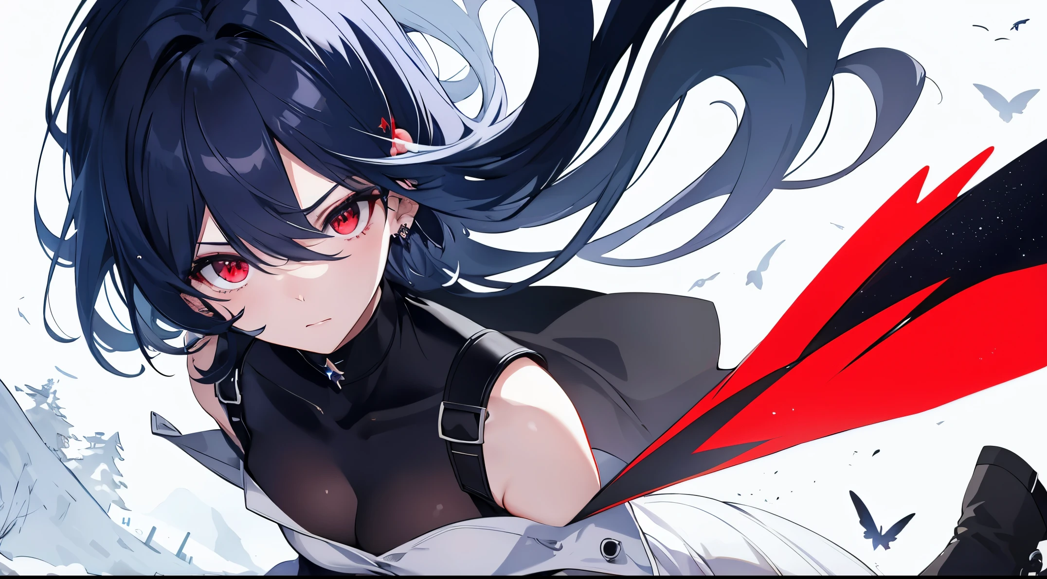 ((tmasterpiece:1.4, Best quality))+, (hyper-detailing)+, (exquisite red eye:1.5)+, (Detailed ears:1.5), (cute girls), (White undershirt,black long pants:1.5), Tight black silk, Very long hair, (red flower:1.2), pale-skinned, (red cloth:1.5), (Black Martin boots:1.4), town,There are dead trees around, ear nipple ring, dense fog,drifting snow, delicate legs, blue fluorescent butterfly,(warriors:1.1), (dawn light:1.2), ), (closeup cleavage:1.1), the only person, Hairbell, dark-blue hair, hair covering one eye, V-shaped eyebrows, Gloom (Expressing the), from back, from the above, Best quality, A high resolution, high detal, high high quality, 16k
