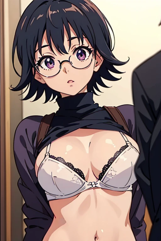 Shizuku Murasaki, 1girl, black hair, short hair, eyewear, large breast, ((tight black long sleeve , turtleneck, white bra, see)), upper body, looking at view, from below, (masterpiece, high resolution, best quality, anime screencap, anime colored, 8k, photorealistic), denim