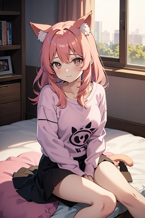 Front view, anime girl with pink hair, amber eyes, cat ears and cat tail, sitting on her bed listening to music, modern anime art