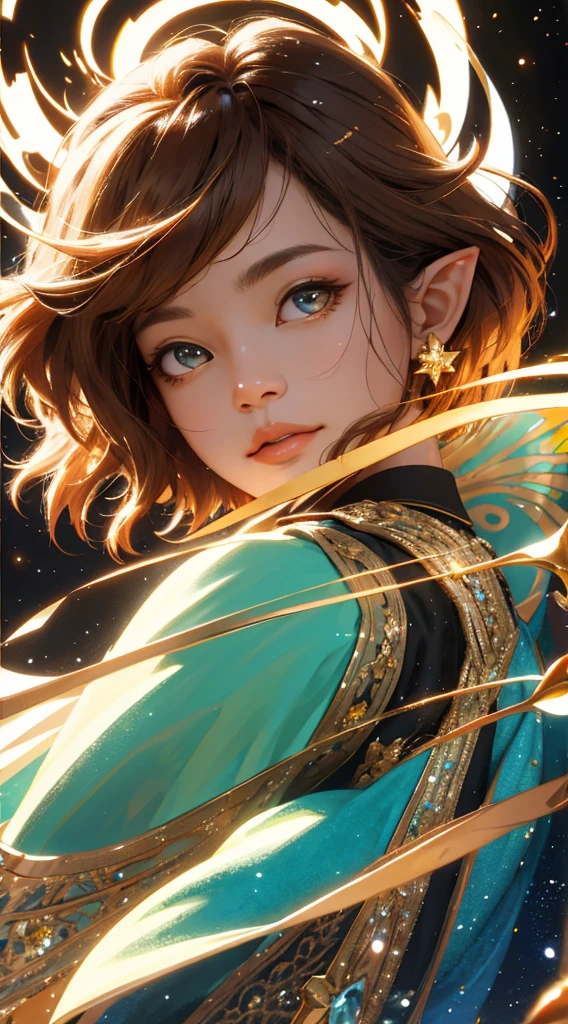 Beautiful Elf Woman，Short Fluffy Brown Hair, Stunning Hazel eyes, beautiful face，fanciful，warm colourful，Fashionab，复杂，Twinkle dazzlingly，glittery，dynamic angle，High sensitivity，tmasterpiece，8k wallpaper，Best quality，perfect surrealcomposition，glittery，Beautiful 3D rendering，Delicate details，Hyper-Resolution，accuracy，detail render，（highest quality）（Master masterpieces）（High degree of completion）（a sense of atmosphere）tmasterpiece，ultra - detailed （half-body portrait）