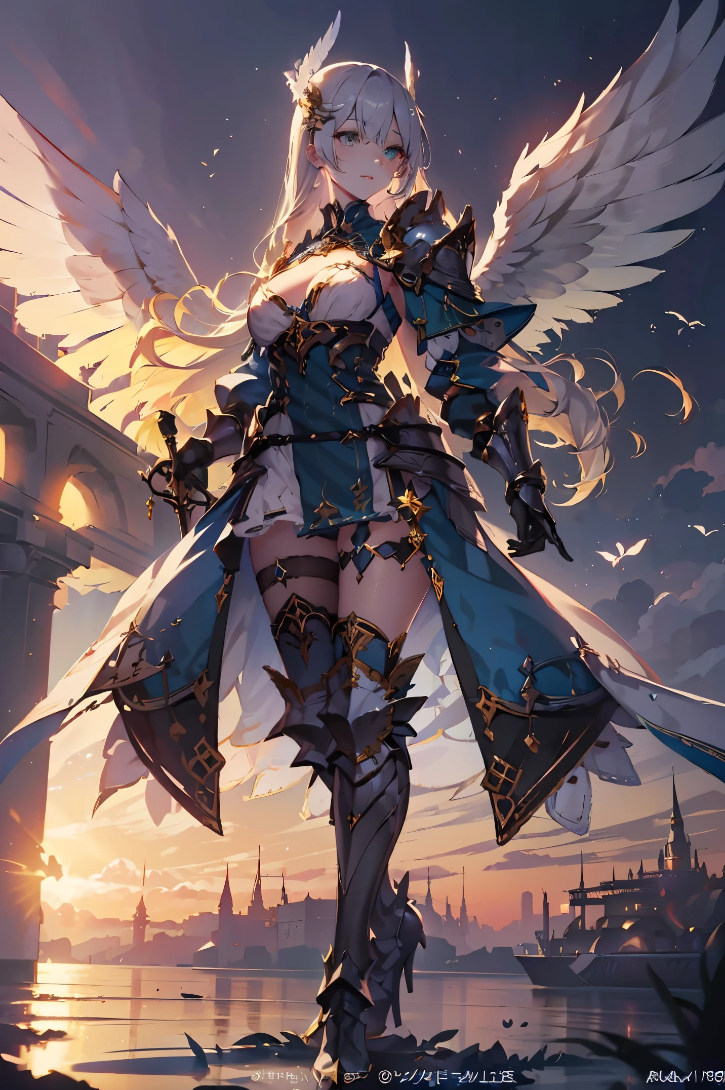 (((masterpiece))) (((highest quality))) (((8k resolution))) Queen in power armor, (gothic style), (full body shot 1.2), bellybutton, The most beautiful and sexy angel goddess, with long light brown hair, and glowing blue eyes, wearing intricate white gothic battle armor, angel wings, standing majestically in front of a gothic castle. ((perfect illumination)), a radiant glowing aura surrounds her, highlighting her divine presence and ethereal beauty, as she stands ready to defend her realm. The intricate details of her armor shimmer under the moonlight, and her angelic wings spread wide, casting an awe-inspiring shadow. Her glowing blue eyes exude both kindness and immense power, making her the epitome of grace and strength.