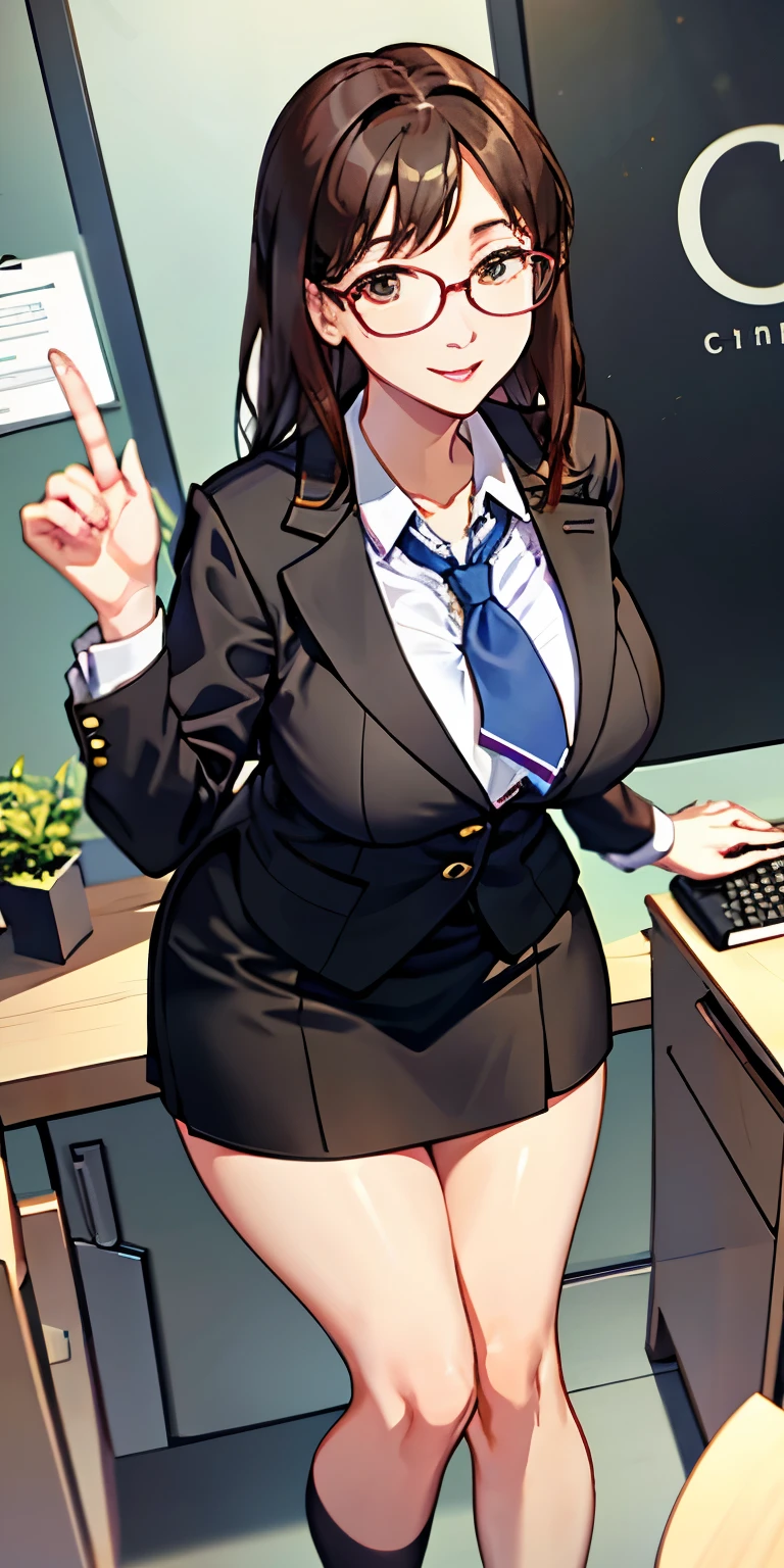 Elegant veteran female teacher in glasses short skirt black stockings playfully dressed as office worker, With plump breasts