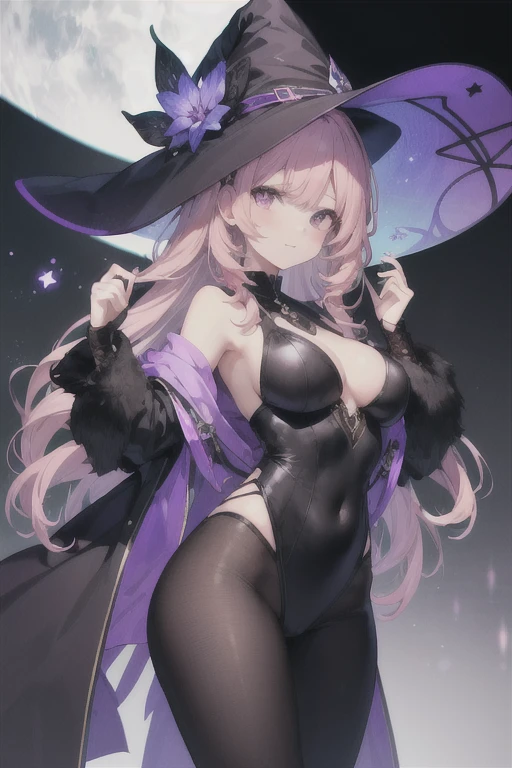 A pink haired witch with violet eyes with an hourglass figure is summoning a shadow creature