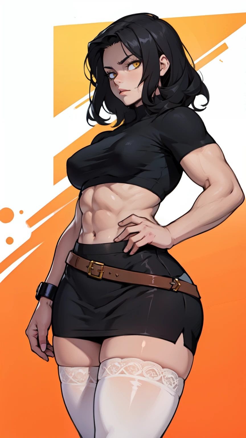 sad girl muscular girl thick girl pale skin girl black hair girl yellow eyes girl skindentation thigh highs pencil skirt crop top midriff navel abs lace garterbelt