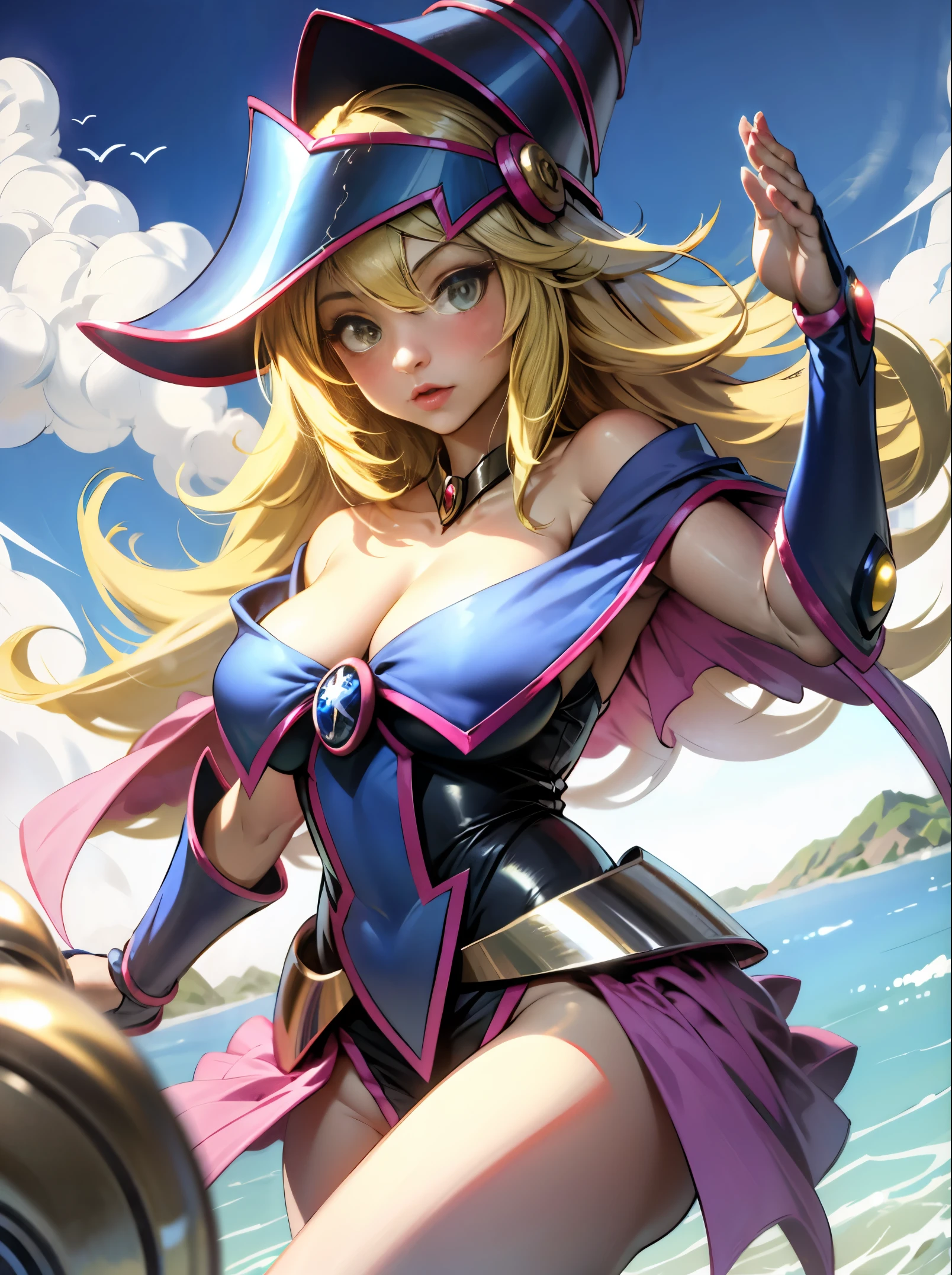 1girl, solamente,Lindo, , sentado sobre el agua, Sombrero de mago, escote, hombros desnudos, vestido, fuera del hombro, magica, Mistro, particuls, corazones, amar,Molienda, Detalles altos, Arte digital, Obra maestra,,Lindo,hermosos ojos, Magia. Pose sensual y inocente. Miranda tierna y dulce.