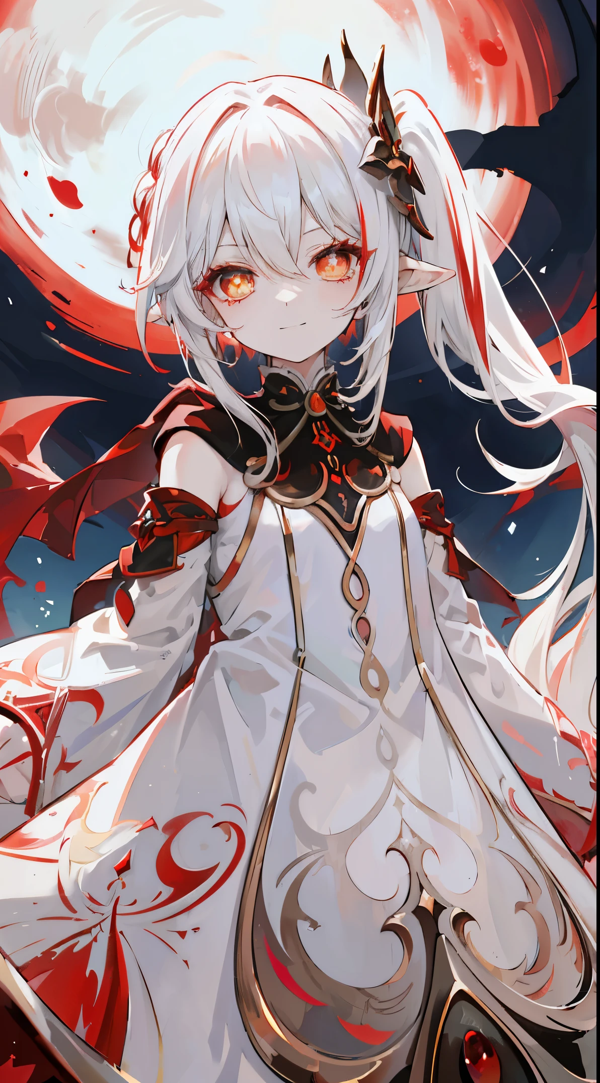 Nahida_Genshin,(White and red gradient hair),Cross pupil,default_dress,Blood red cloak,simplebackground,Blood Moon,Breath of death,Cold and powerful divinity,A sense of majesty,starrysky,demonic smile,Blue tones,Red decorative pattern,red style,Blood