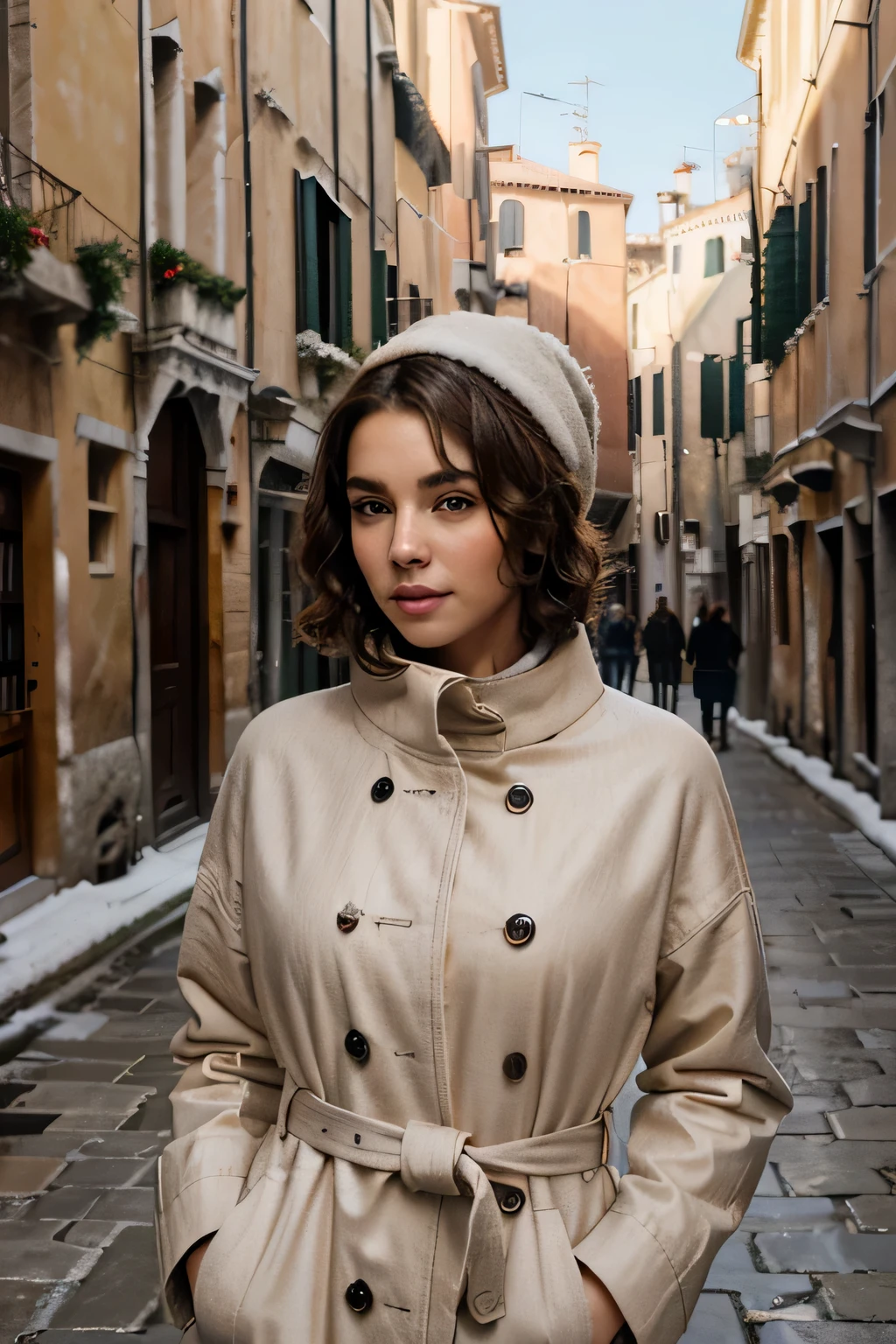 Breathtaking cinematic photo of a 25 year old girl with brown hair and brown eyes, happy, cheerful expression, closed mouth, beautiful lips, intricate details, shallow depth of field, highly detailed, high budget, epic Hollywood film, gorgeous, masterpiece, award-winning, professional, highly detailed, detailed skin texture, (blush: 0.5), (goosebumps: 0.5). (the most beautiful woman in the world) (brown hair) (short curly hair, wild hair, stylish cut) thin face, thin nose, beautiful, very beautiful, perfect face, slender body (slender), (brown hair) (brown eyes ) (white skin) Beautiful body, western face, predatory eyes, pink lips, thick thighs. full body, western beauty, thin nose, beautiful, perfect, ((best quality)), ((ultra resolution)), ((photorealistic: 1.4)), (intricate details), perfect face, makeup: 1.5 , clear face, facial details. In this tranquil scene, the travel model walks through the Dorsoduro district, admiring the art galleries and antique shops. She's dressed in a long, stylish trench coat and a knit hat, her hair in a simple, elegant style. The snow-covered pathways and historic Venetian architecture of Dorsoduro provide a picturesque and less-traveled view of Venice in winter.