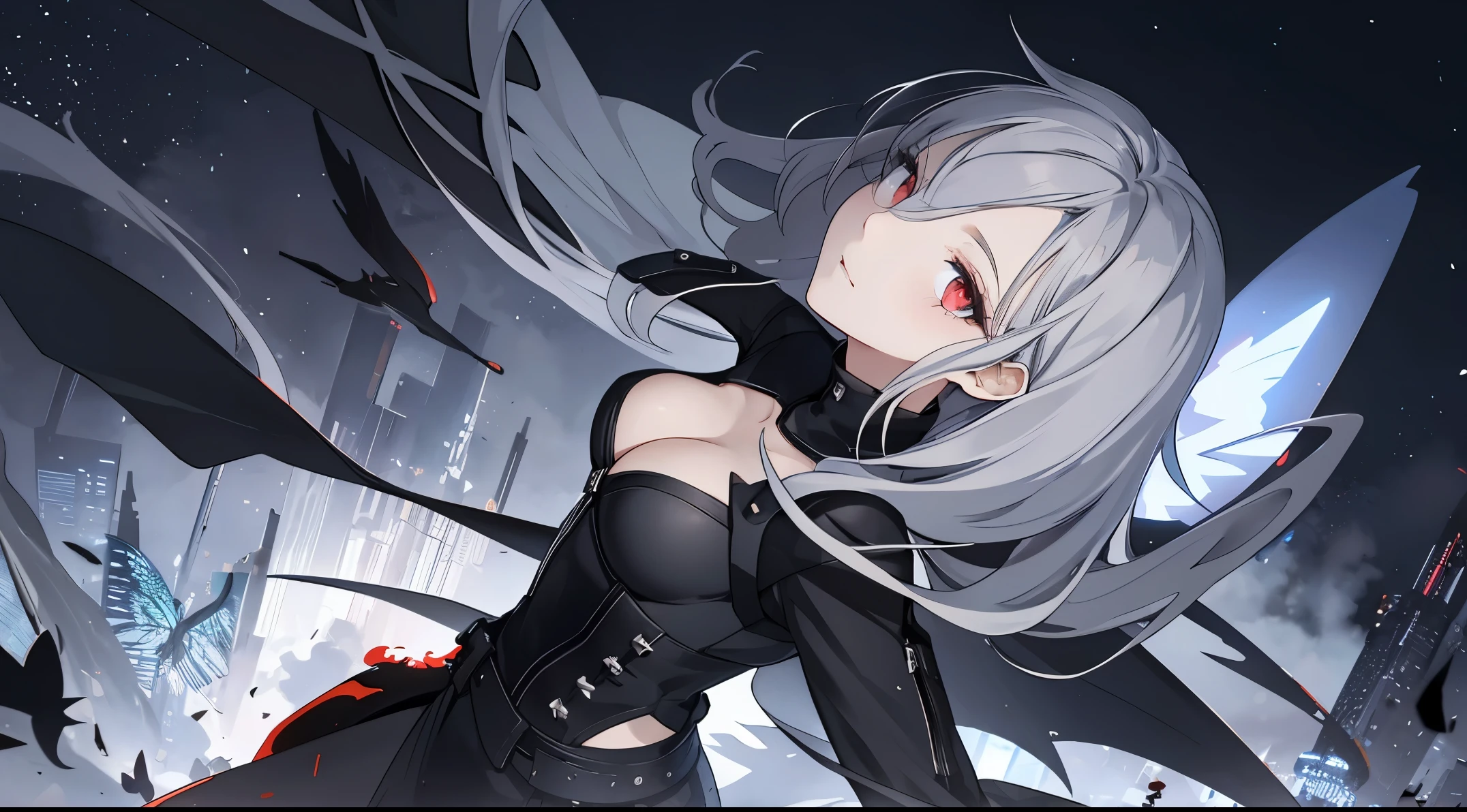 （（tmasterpiece：1.4, Best quality at best））+, （hyper-detailing）+, （exquisite red eye：1.5）+, （Detailed ears：1.5）, （cute girls）, （White undershirt，black long pants：1.5）, Tight black silk, Very long hair, （Blue flowers：1.2）, pale-skinned, （black cloth：1.5）, （Black Martin boots：1.4）, City in the Sky，Black dead trees around, The halo, Thick fog pervades,Mechanicalweapon， delicate legs, Red butterfly，Huge celestial bodies，（A natural warrior：1.1）, （dawn light：1.2）, ）, （closeup cleavage：1.1）, the only person, bell, Dark gray hair, hair covering one eye, V-shaped eyebrows, Gloom (have expressed), from back, from the above, Best quality at best, A high resolution, high detal, high high quality, 16k