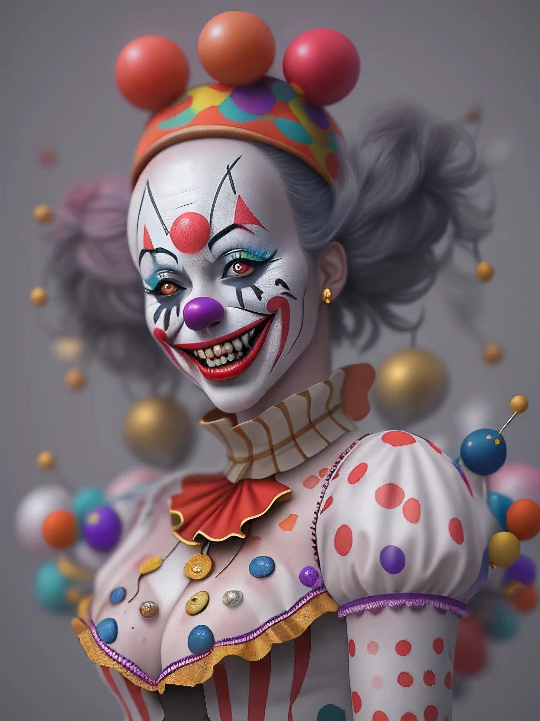 The Clown Queen, Exaggerated body movements,Red eyes,cutecore clowncore, jocker, 4k highly detailed digital art, stunning digital illustration, trending on artstation hq, 3d render digital art, almost nsfw, nsfw