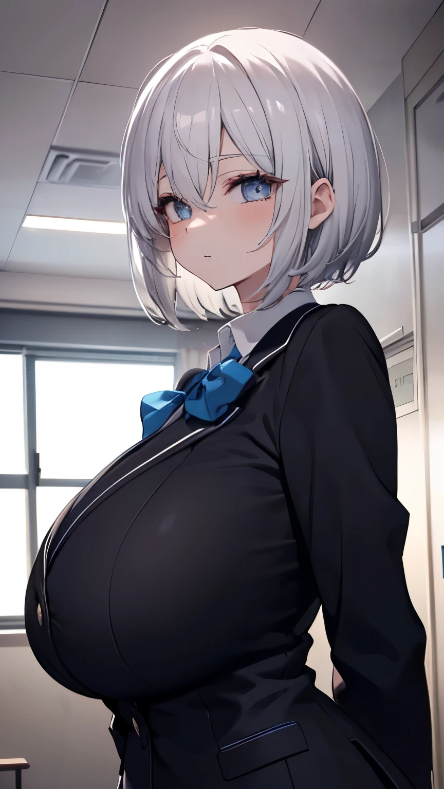 ((masterpiece)), ((best quality)), (ultra-detailed), ((extremely detailed)), 4K, (8K), best quality, (beautiful), ((beautiful eyes)), dynamic angle, ((gigantic breasts)), ((school uniform)), ((black blazer)), in health room, short hair, silver hair, ((arms behind back))