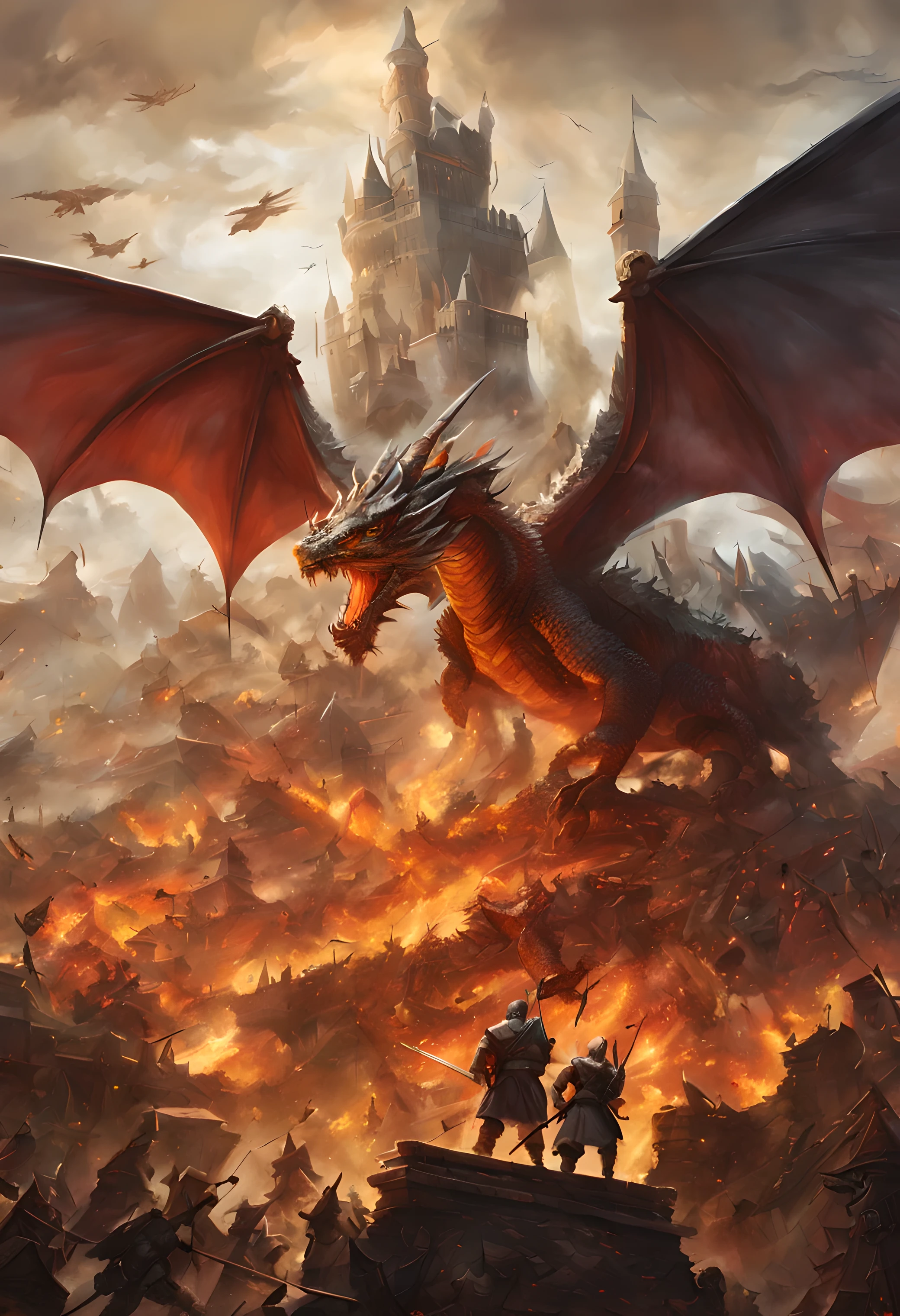 Fantasy epic battle scene illustration with a medieval fortress city in the background, featuring several colorful dragons breathing fire at soldiers amid chaotic destruction and billowing smoke. The image is highly detailed with a dynamic composition, cores vibrantes, and dramatic lighting. O artista emprega um estilo realista, but fantastic, utilizando pinceladas ousadas para transmitir a intensidade do conflito. The perspective is dynamic, drawing the viewer into the center of the action, and the focal length captures both the grand scale of the battlefield and the intricate details of the characters and architecture. This image is reminiscent of high fantasy art, evoking a sense of wonder and danger.