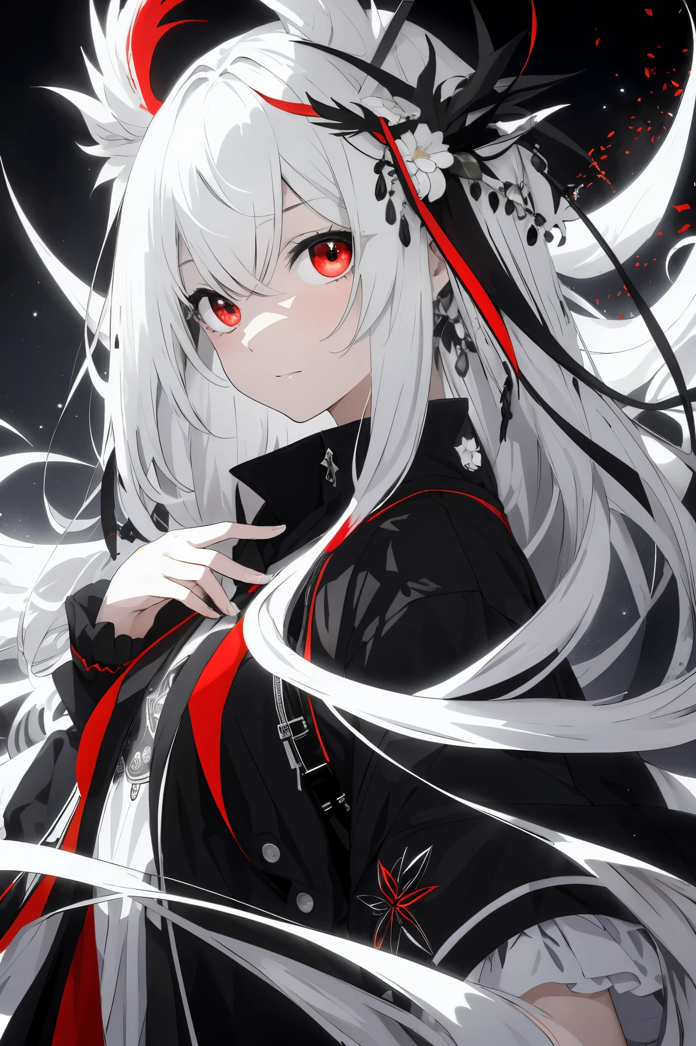 Pale skin, white hair, black hoodie, white flowers, flowers on head, Twintails, Loli, solo,{{best quality}}, {{masterpiece}}, {{ultra-detailed}}, {illustration}, {detailed light}, red eyes,long hair,shorts