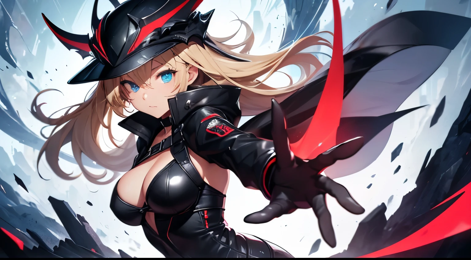 top-quality、Top image quality、​masterpiece、Teenage girl((Long coat in black、Black Leather Sports Bra、Shining red body line、black leather glow black leather pants、18year old、 Ager、Best Bust、big bast,Beautiful light blue eyes, Long Blonde Hair、A slender,Large valleys、Reflecting the whole body、black mechanic helmet、Black visor、With revolver、fighting poses)),hiquality、Beautiful Art、Background with((Dark world、Darknesian dragon army、demon realm))​masterpiece、depth of fields,Japan Anime Style