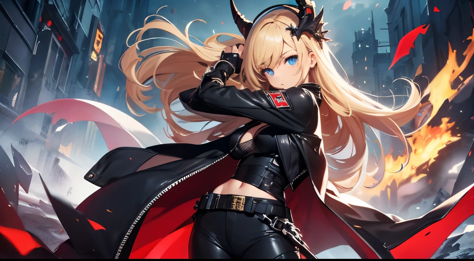 top-quality、Top image quality、​masterpiece、Teenage girl((Long coat in black、Black Leather Sports Bra、Shining red body line、black leather glow black leather pants、18year old、 Ager、Best Bust、big bast,Beautiful light blue eyes, Long Blonde Hair、A slender,Large valleys、Reflecting the whole body、black mechanic helmet、Black visor、With revolver、fighting poses)),hiquality、Beautiful Art、Background with((Dark world、Darknesian dragon army、demon realm))​masterpiece、depth of fields,Japan Anime Style