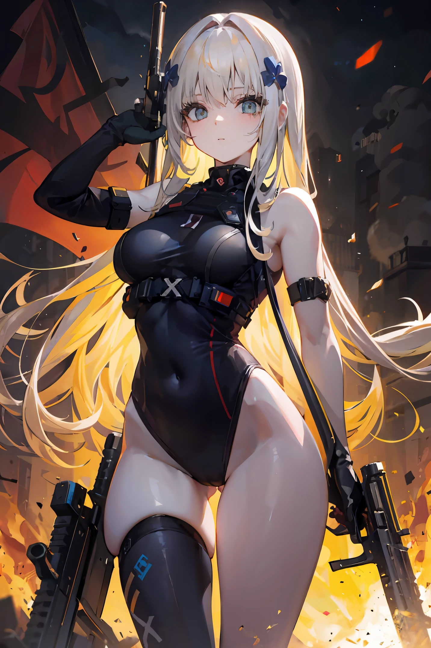 {{tmasterpiece，best qualtiy，extremaly detailed cg，Unity 8k壁纸，cinmatic lighting，lens flare glow}}，A girl shoots，Wide field of view，full bodyesbian，Thick body，Long blonde hair，greene eyes，（holding a weapon，Take it，Aim for，Aim for：1.4），guns，H&K HK416，，opening fire，shooting，