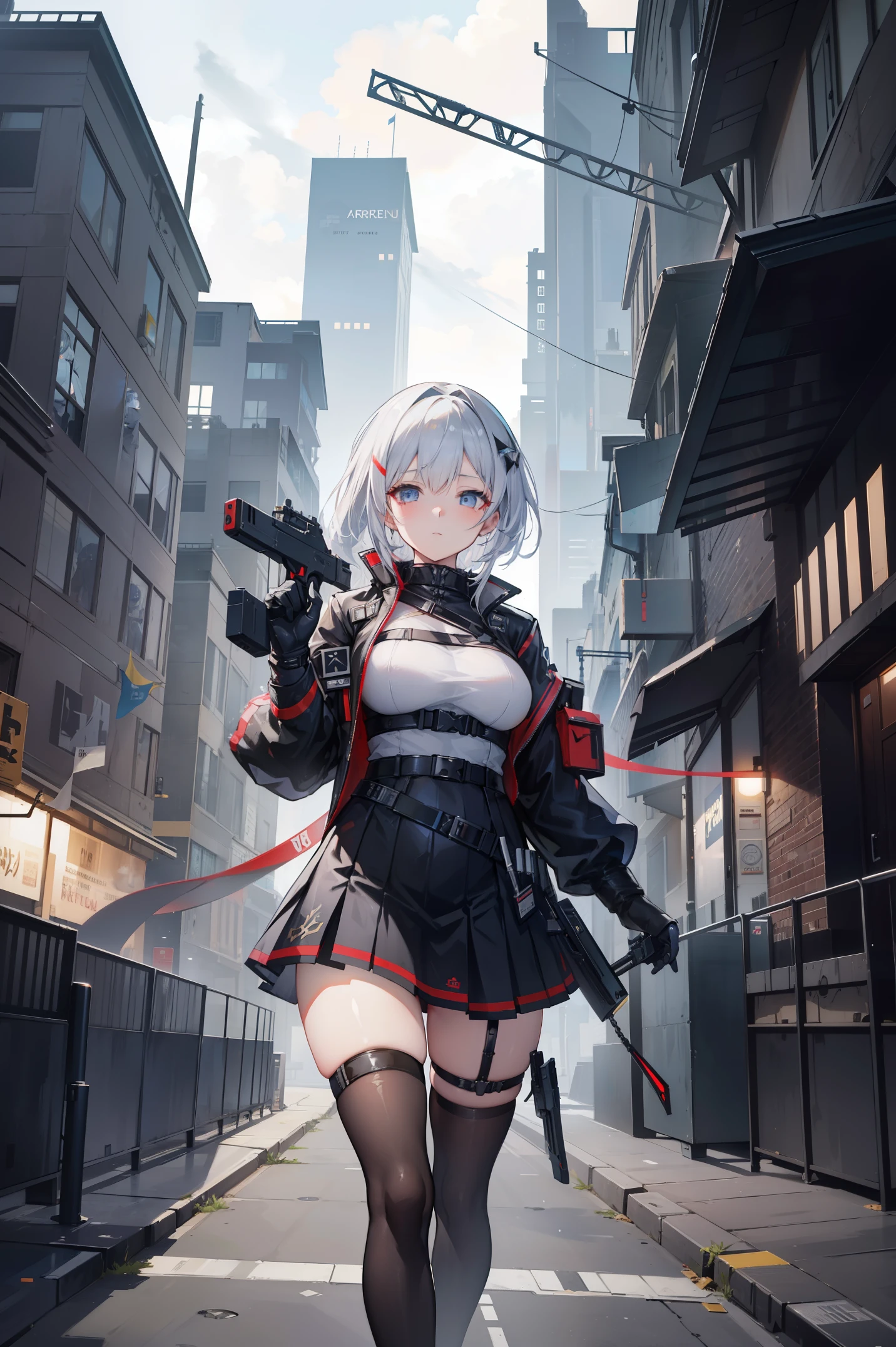 a woman in a short skirt and gloves holding a gun, from girls frontline, mechanized valkyrie girl, from arknights, best anime 4k konachan wallpaper, cyborg - girl with silver hair, from the azur lane videogame, guweiz, female action anime girl, fine details. girls frontline, cushart krenz key art feminine