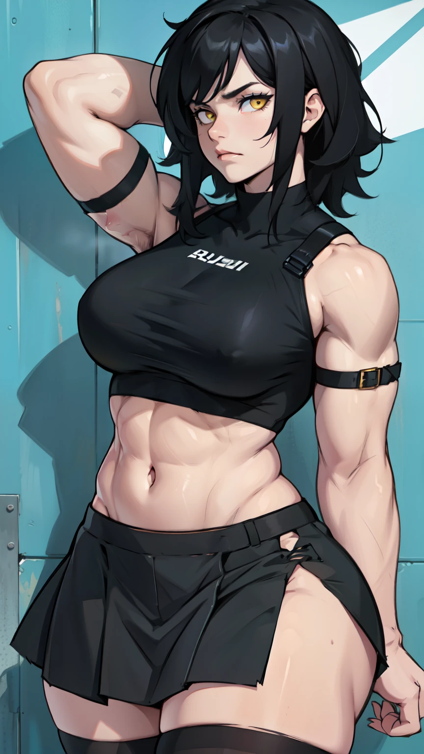sad girl muscular girl thick girl pale skin girl black hair girl yellow eyes girl skindentation thigh highs skirt crop top midriff navel abs massive breasts