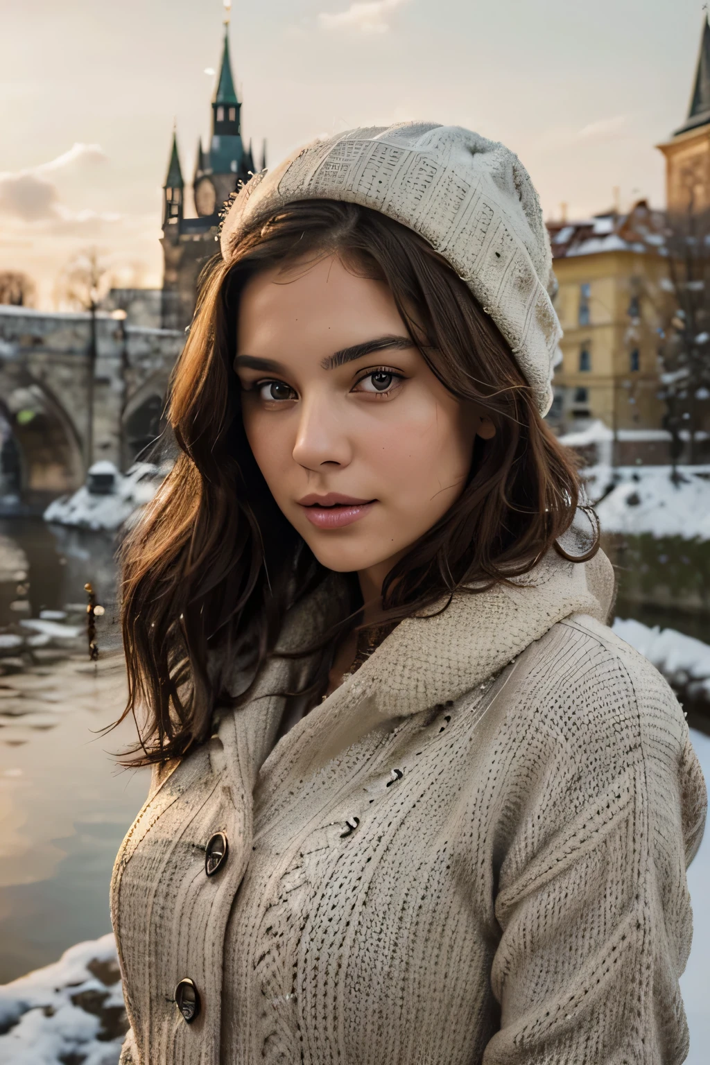 Breathtaking cinematic photo of a 25 year old girl with brown hair and brown eyes, happy, cheerful expression, closed mouth, beautiful lips, intricate details, shallow depth of field, highly detailed, high budget, epic Hollywood film, gorgeous, masterpiece, award-winning, professional, highly detailed, detailed skin texture, (blush: 0.5), (goosebumps: 0.5). (the most beautiful woman in the world) (brown hair) (short curly hair, wild hair, stylish cut) thin face, thin nose, beautiful, very beautiful, perfect face, slender body (slender), (brown hair) (brown eyes ) (white skin) Beautiful body, western face, predatory eyes, pink lips, thick thighs. full body, western beauty, thin nose, beautiful, perfect, ((best quality)), ((ultra resolution)), ((photorealistic: 1.4)), (intricate details), perfect face, makeup: 1.5 , clear face, facial details. The travel model stands on the snow-covered Charles Bridge at dawn. She's wearing a stylish, heavy winter coat and a knitted beanie, her breath visible in the cold morning air. Her hair flows loosely under her hat. The historic statues of the bridge and the Gothic architecture of Prague provide a majestic backdrop, with the rising sun casting a soft, golden light over the Vltava River.