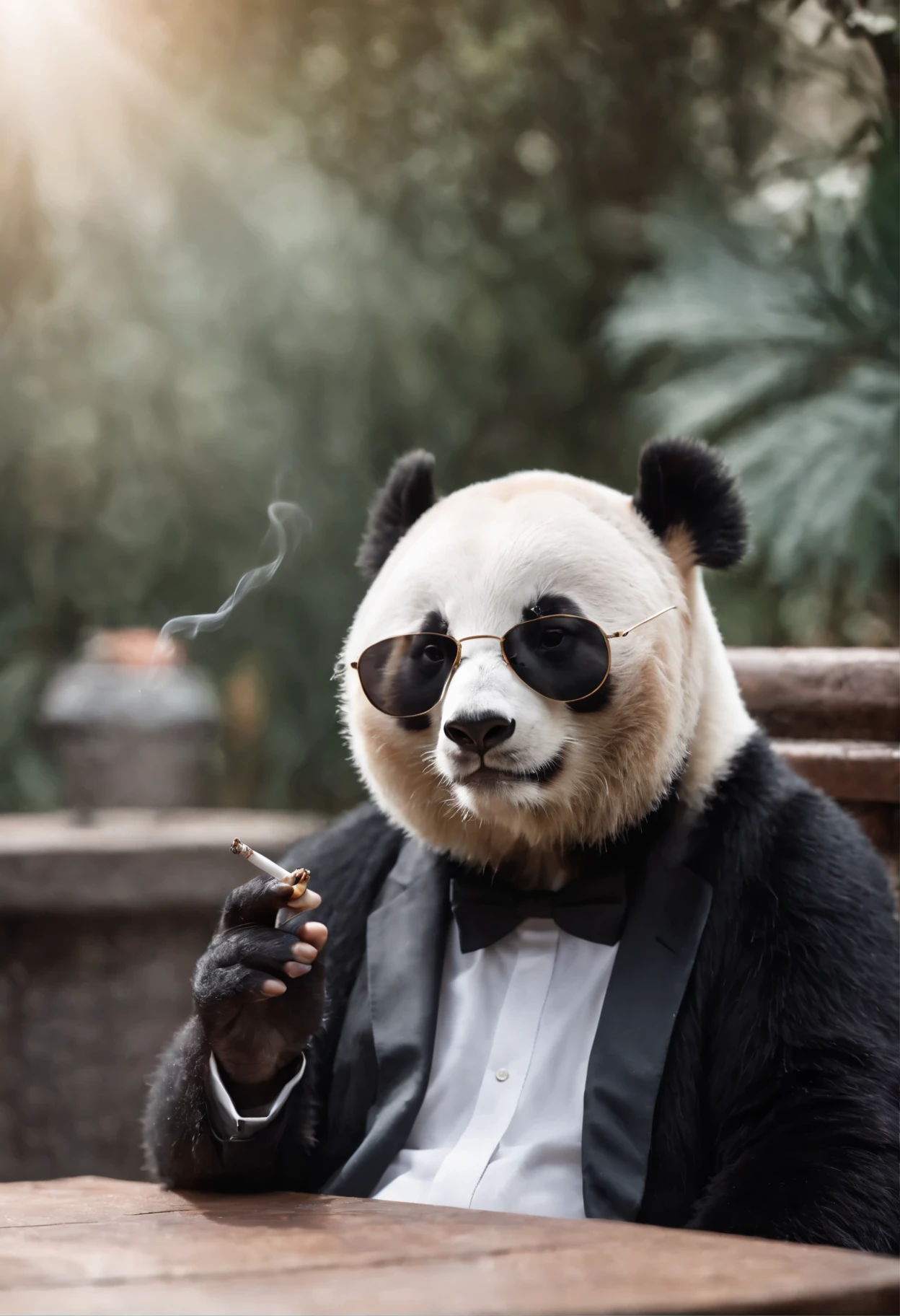 A panda wearing a suit and sunglasses, smoking a cigarette, smoking , smoke everywhere