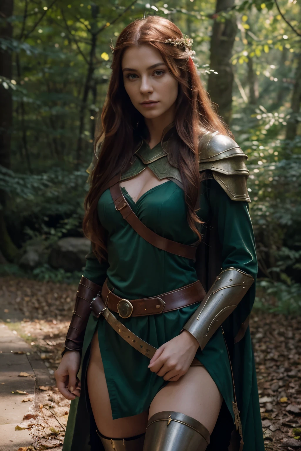 (best quality,4k,8k,highres,masterpiece:1.2),ultra-detailed,(realistic,photorealistic,photo-realistic:1.37),female elf warrior in heavy armor,red hair,green eyes,metallic armor,enchanted sword,elven runes,forest background,mystical atmosphere,warrior stance,heroic,graceful,adventurous,beautiful detailed eyes,beautiful detailed lips,long eyelashes,long red flowing hair,sharp focus,vivid colors,dappled sunlight,dark shadows,subtle glow,sharp reflection,mesmerizing,ethereal,imposing presence,pointed elven ears,powerful aura,extraordinary strength,subtle elven features,delicate yet fierce,elven magic,confident expression,warrior spirit,stand tall,forest guardian,legendary figure,mythical creature,strength and beauty,hero of the forest,elven princess,protector,defender of the realm,unshakeable determination,brave heart,unyielding courage,inspiration for many,admirable,fearless fighter,long lost princess,destined for greatness,vibrant colors,rich textures,expressive brush strokes,enchanted lighting,immersive environment,impressive details,unique perspective,immortalize this scene,mesmerizing artwork.