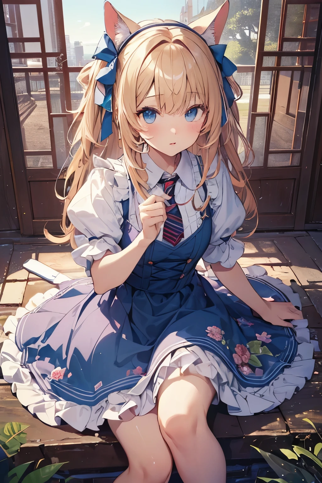 (Official art、Best Quality、Unity 8k Wallpapers、32K、masterpiece、ultra-detailliert、超A high resolution)、Fantastical、((alice in the wonderland))、a blond、Tie your hair with a ribbon、Blue colored eyes、Blue Apron Dress、white sock、PlayingCards、bunny rabbit