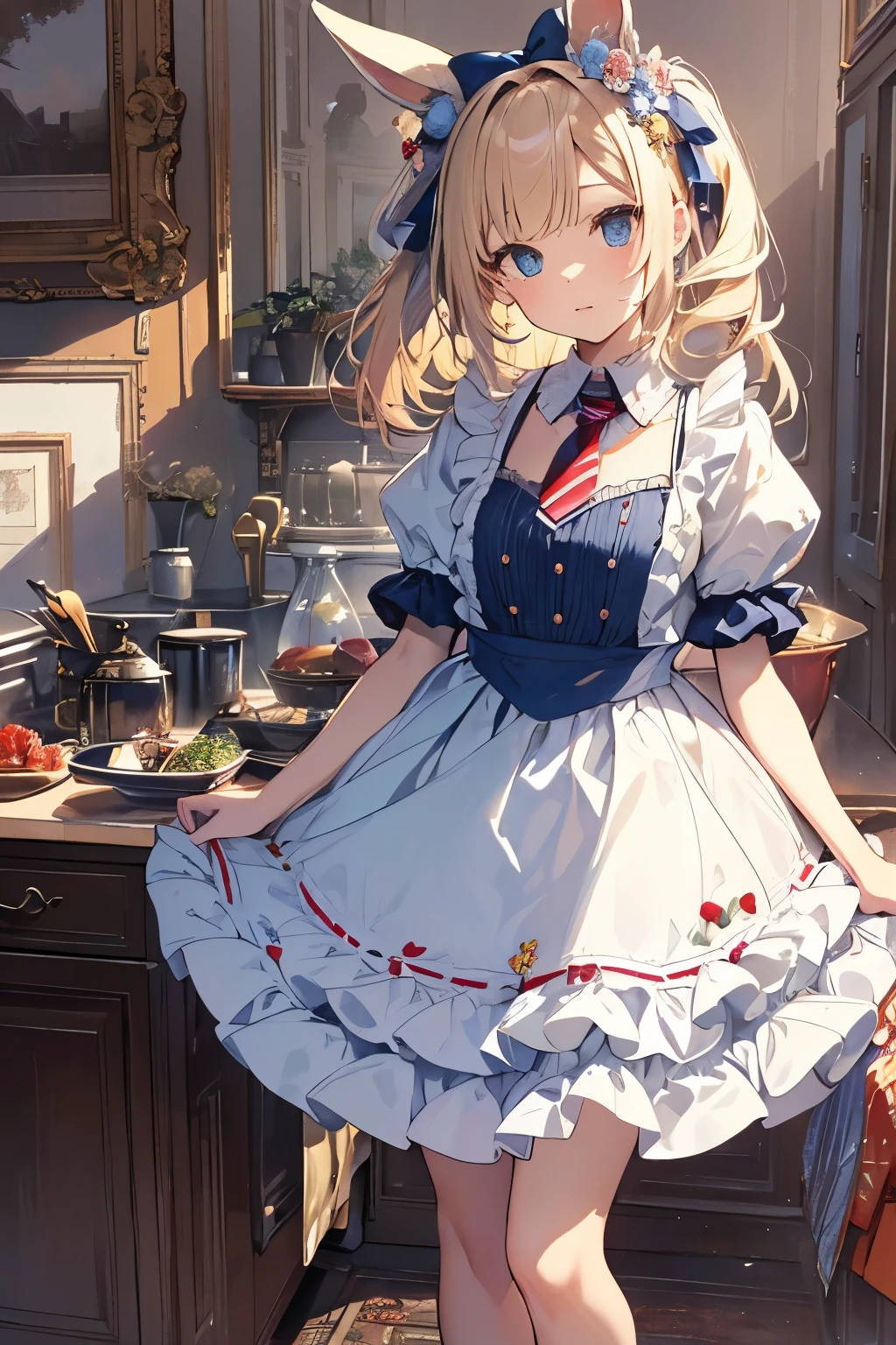 (Official art、Best Quality、Unity 8k Wallpapers、32K、masterpiece、ultra-detailliert、超A high resolution)、Fantastical、((alice in the wonderland))、a blond、Tie your hair with a ribbon、Blue colored eyes、Blue Apron Dress、white sock、PlayingCards、bunny rabbit