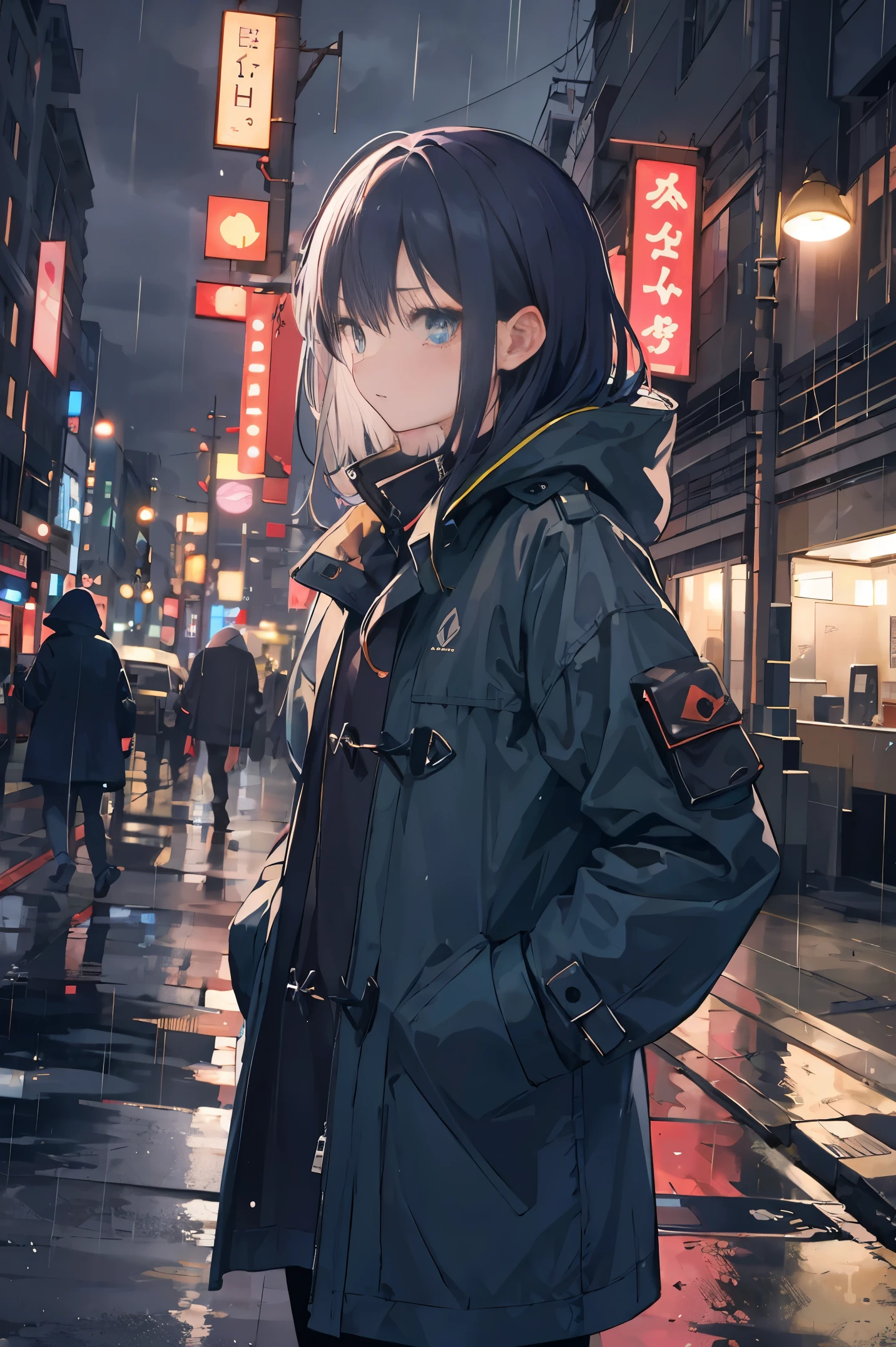 1girl,night city,rain,coat,hands in pockets