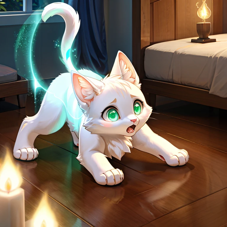 shocked and scared feral Female cat with White fur and pik hairs and glowing Green eyes standing on all fours there are some traces of magic floating around her she is in a bedroom