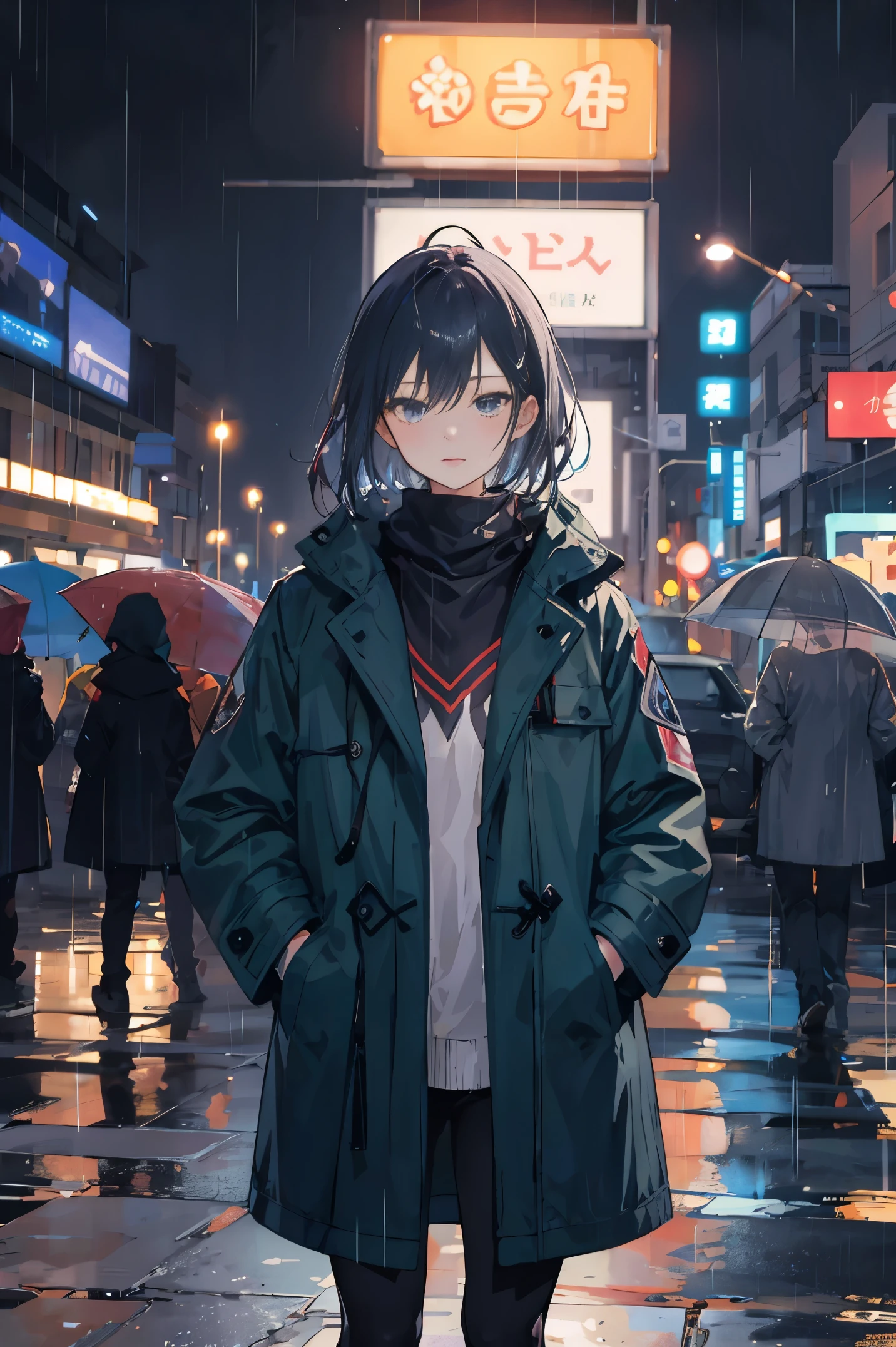 1girl,night city,rain,coat,hands in pockets