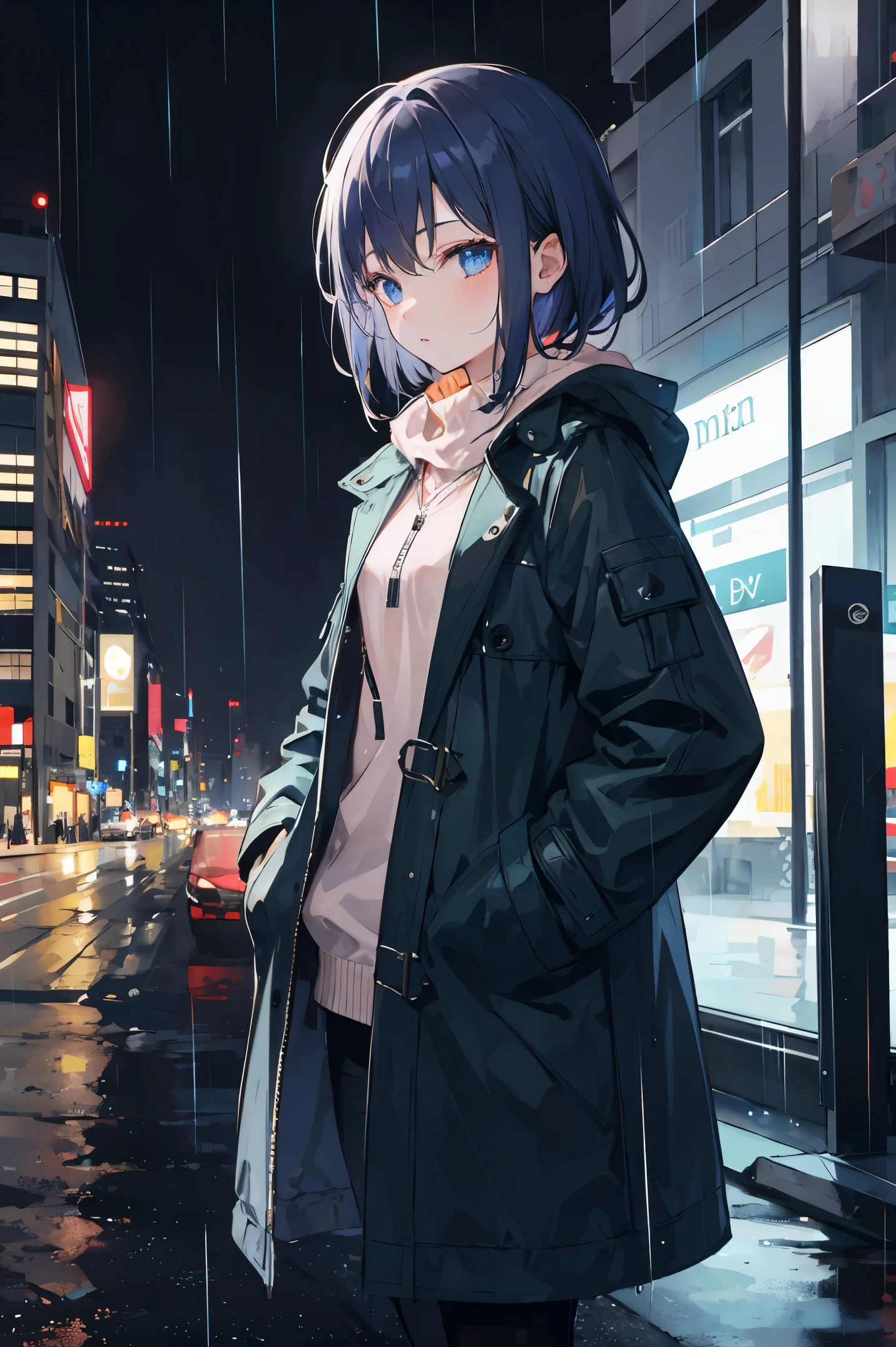 1girl,night city,rain,coat,hands in pockets
