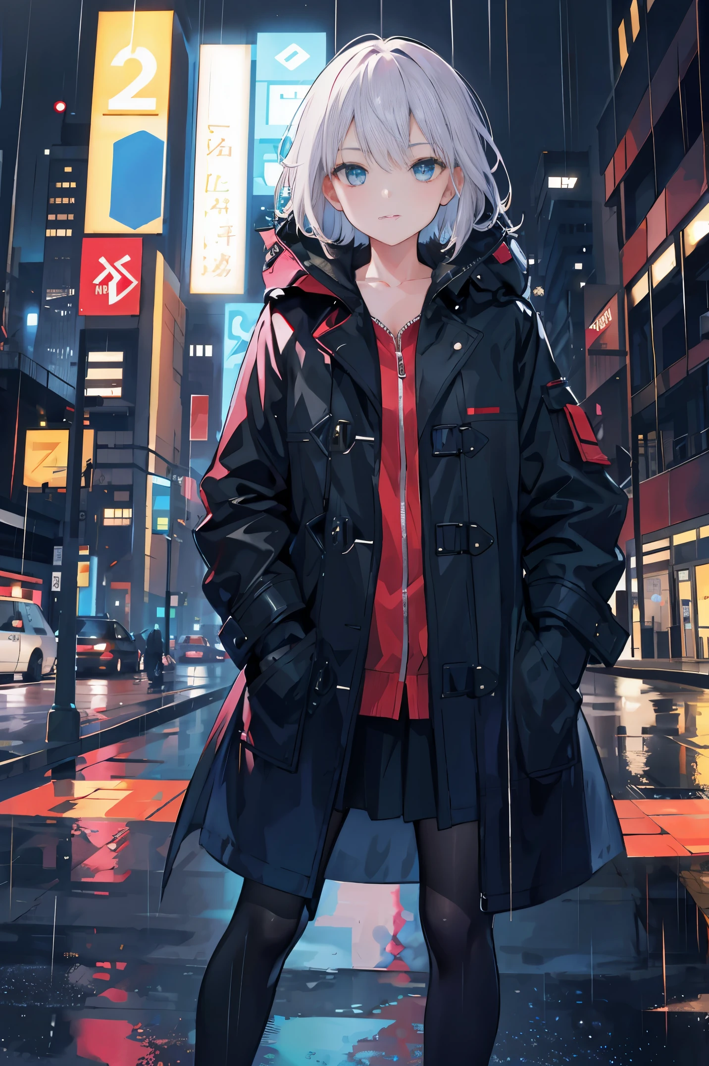1girl, Night City, rain, coat, hands in pockets