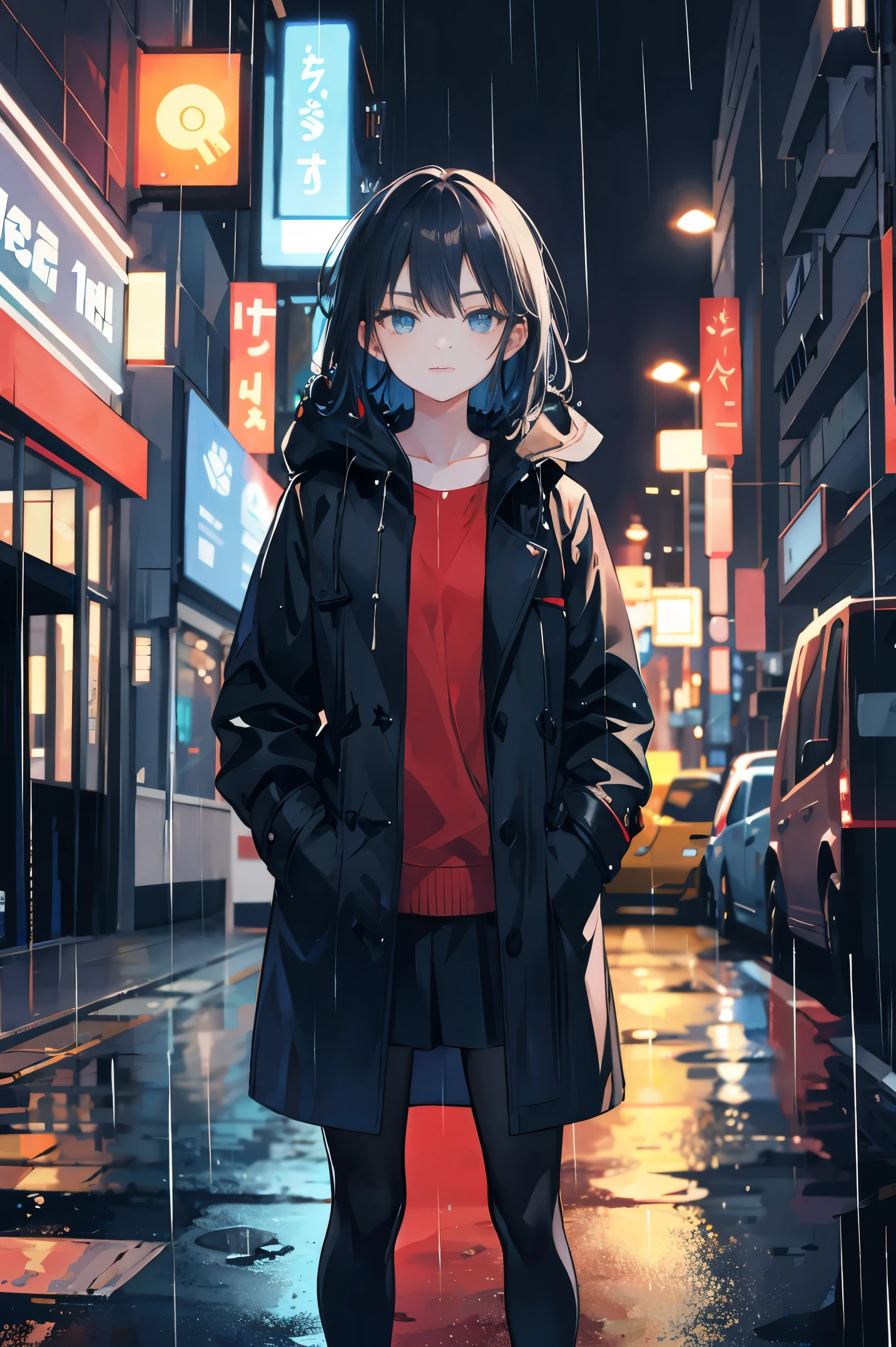 1girl, Night City, rain, coat, hands in pockets