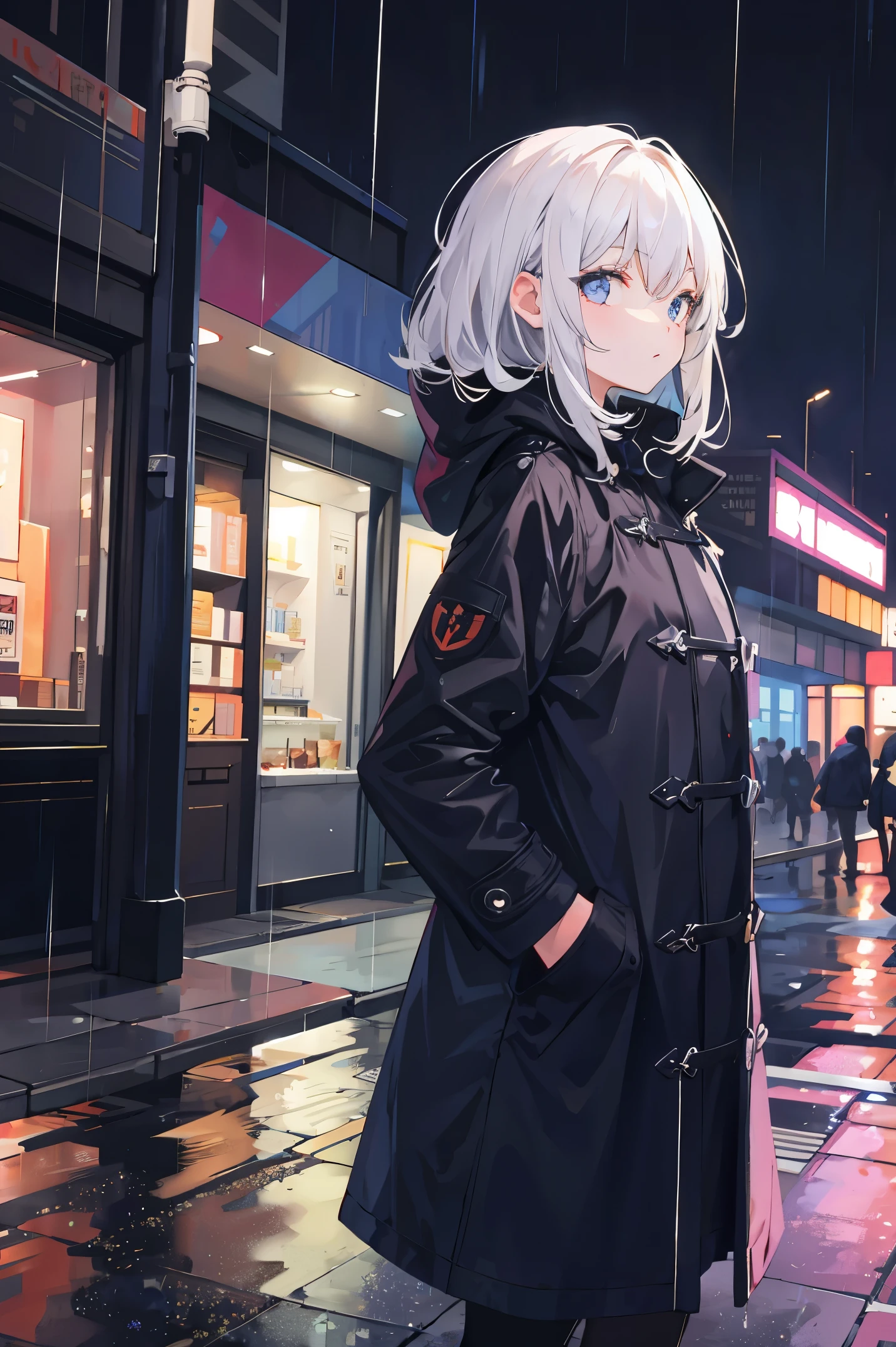 1girl, Night City, rain, coat, hands in pockets