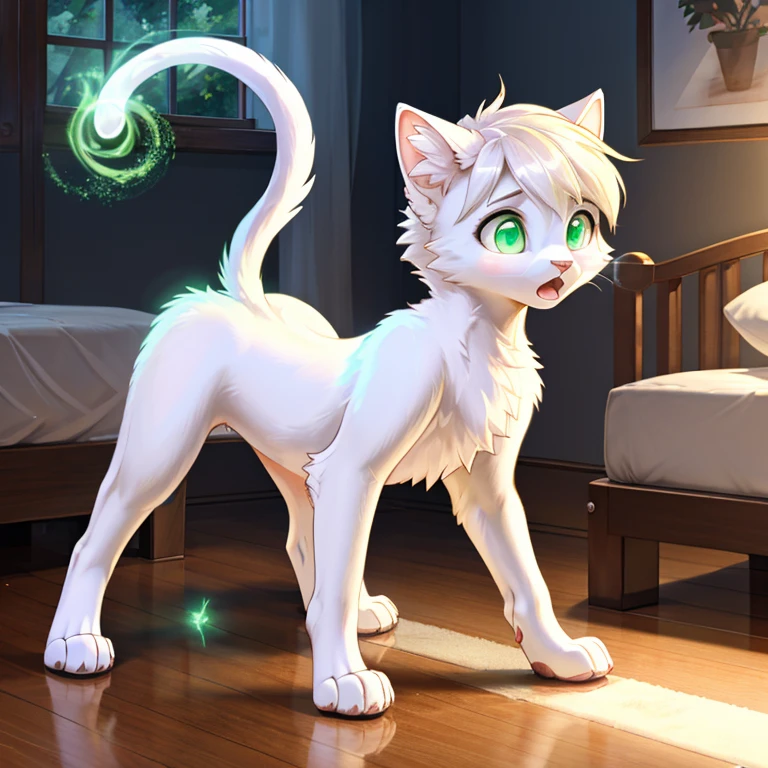 shocked and scared slim feral Female cat with White fur and pik hairs and glowing Green eyes standing on all fours there are some traces of magic floating around her she is in a bedroom