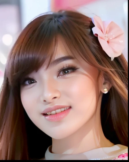 Young Woman, beautiful face, graceful, perfect face, wearing earrings, pink lips, shy smile expression, Long bangs hair, Mouth closed, looking at viewer