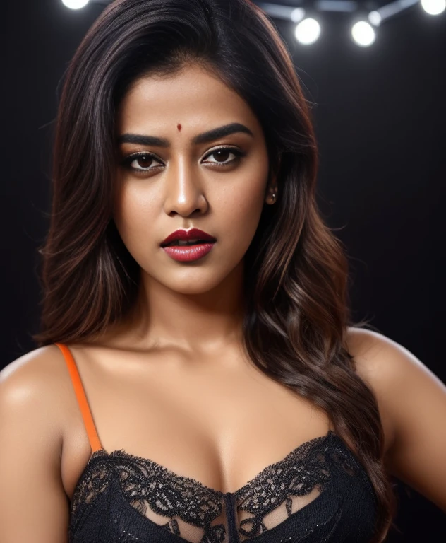 (editorial photograph of an Indian actress nia sharma, energetic, 21 y.o. female), (wearing worn out clothes, detailed:1.3), ( natural big lips, highly detailed face:1.4), (background inside dark, moody, private study, studio lights:1.3), (8k, uhd, dslr, high quality, cinematic lighting, bokeh), (dramatic, award winning photography, incredible masterpiece:1.3) (strong depth of field), dark orange lips, nia sharma Hindi Actress(model), pale white skin, fair glowing skin, decent makeup, nice dressed, cute face, lovely face, sweet face