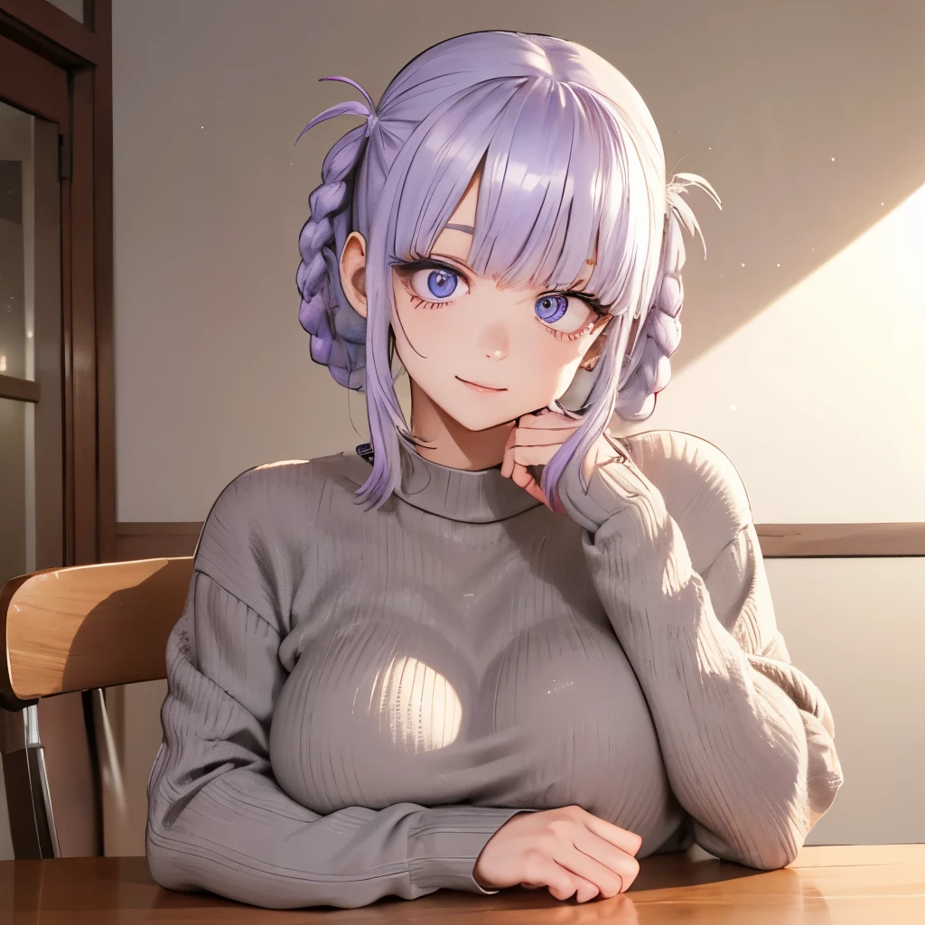 The best images, portrait, cute woman, Happy, shy, Ash gray shiny braided bangs rainbow colored short hair, big lilac eyes, huge breasts, great proportion, Brown fluffy sweater, sitting, breasts are on the table, background, room, Chair, table, professional lighting, anime, manga, figure