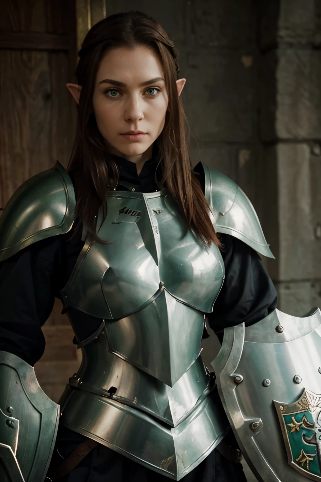 Female elf warrior in ((heavy armour)) with sword and shield, tall, slim, fit, gracefull, stern expression, symmetrical beautifull face, noble elnighted facial features, natural dark gold hair, green eyes