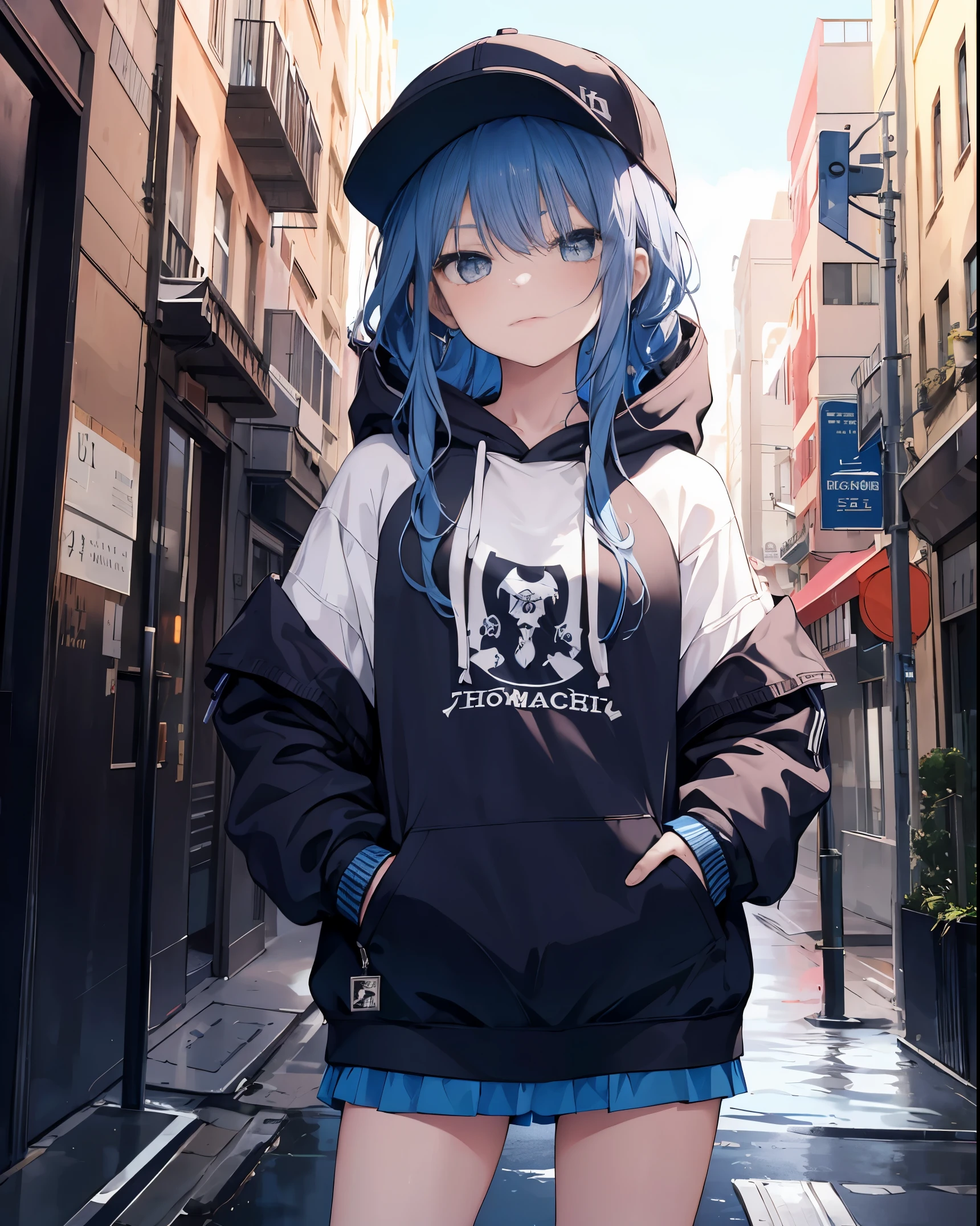 masterpiece,1girl,solo,long hair,blue hair,hoodie,off shoulder:1.2, mob cap, street,hand on hip, hand in pocket,