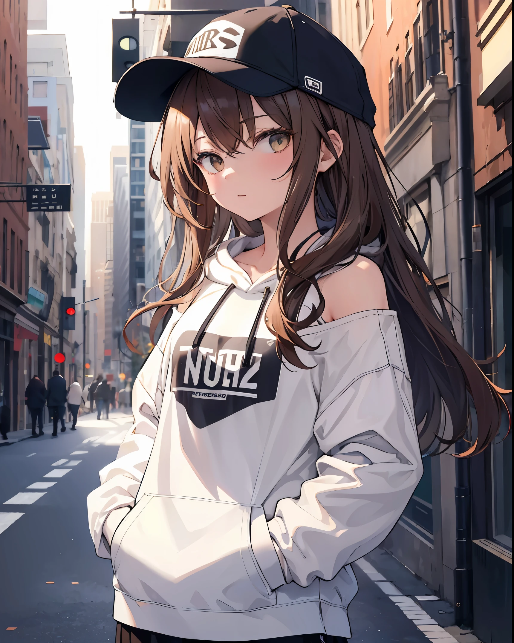 masterpiece,1girl,solo,long hair,brown hair,hoodie,off shoulder:1.2, mob cap, street,hand on hip, hand in pocket,