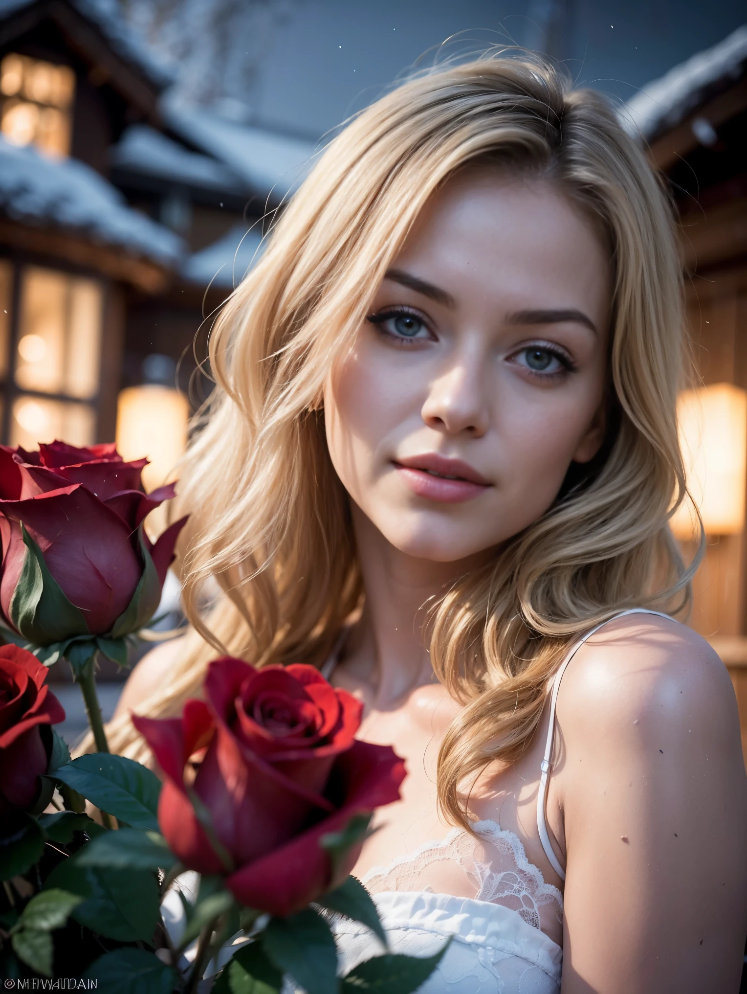 Masterpiece, ultra realistic. Front facing picture. ((The First low third of the picture is full of blurry red roses)). Behind the roses is a leaning forward ultra hot gorgeous European woman, age 23, wavy blonde hair, sheer lace, she’s smelling the roses with a subtle smile. Background a snowy village in a winter night with northern lights.