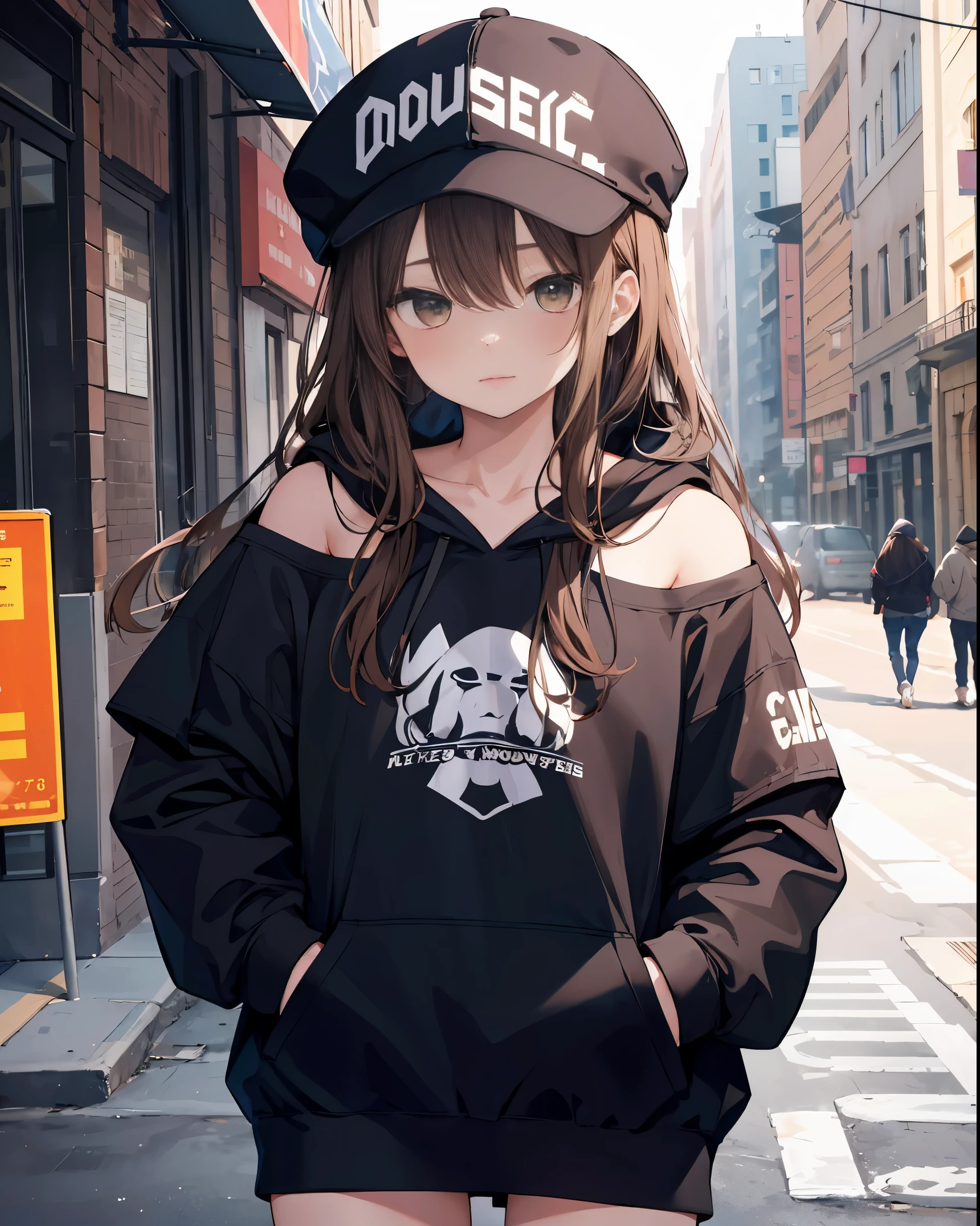 masterpiece,1girl,solo,long hair,brown hair,hoodie,off shoulder:1.2, mob cap, street,hand on hip, hand in pocket,