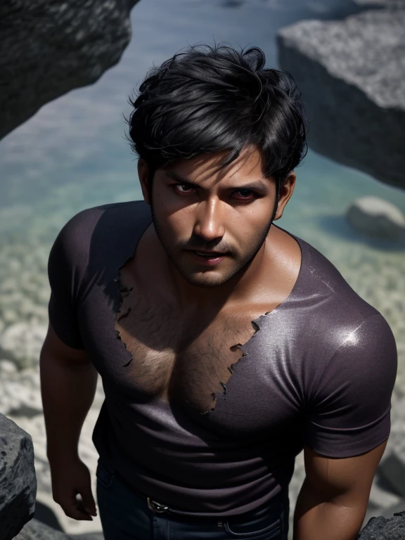 Guy 30 years old, from above 1:4, looking into the camera, tanned skin, Black short hair, fragments of stones in the background, demonic fangs, Eyes glow purple, closed clothing