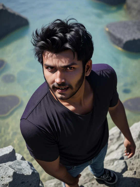 Guy 30 years old, from above 1:4, looking into the camera, tanned skin, Black short hair, fragments of stones in the background, demonic fangs, Eyes glow purple, closed clothing