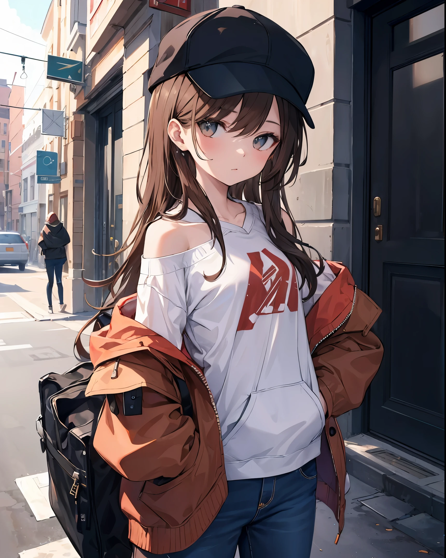 masterpiece,1girl,solo,long hair,brown hair,hoodie,off shoulder:1.2, mob cap, street,hand on hip, hand in pocket,
